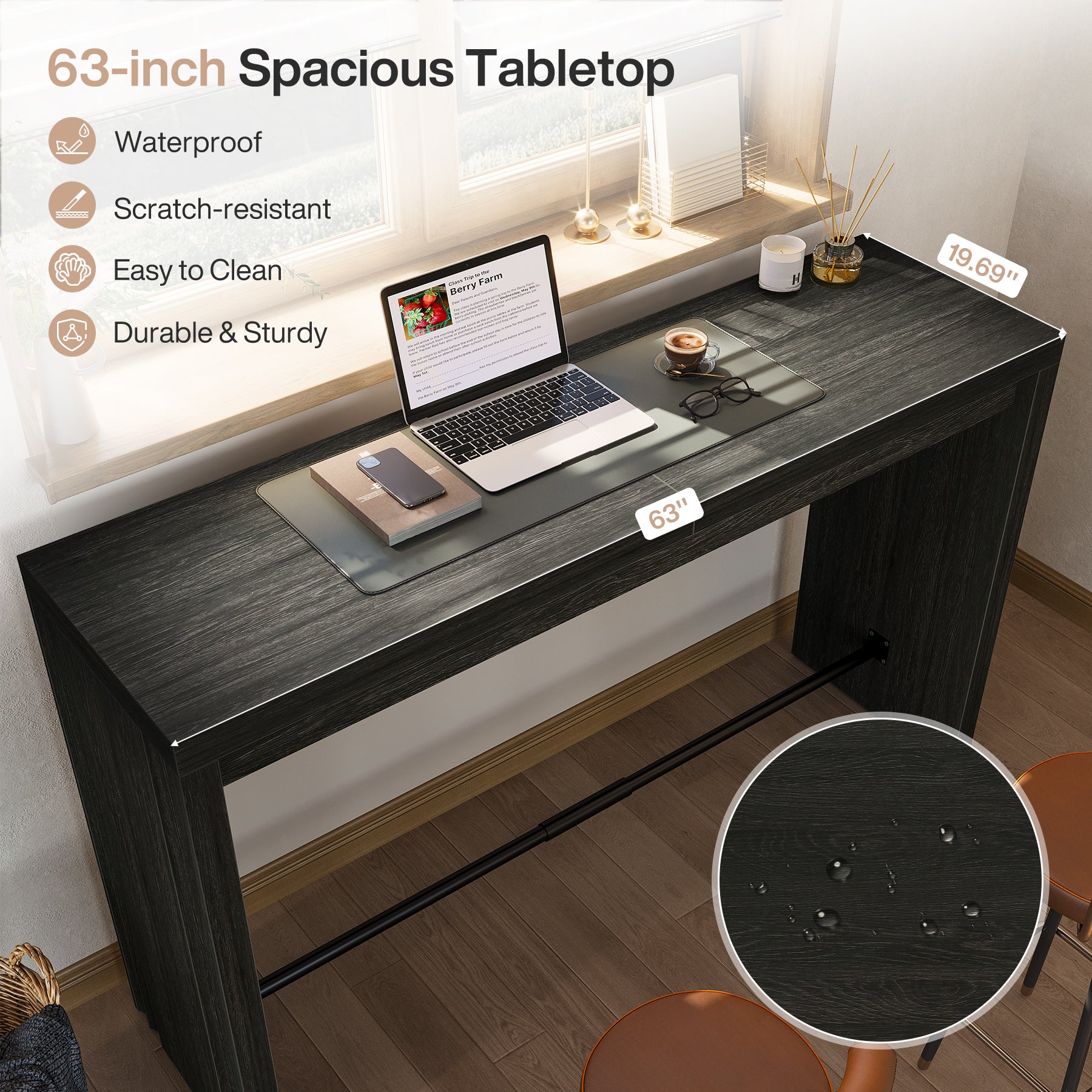 63" Bar Table, Rectangular Counter Height Pub Table with Metal Footrest