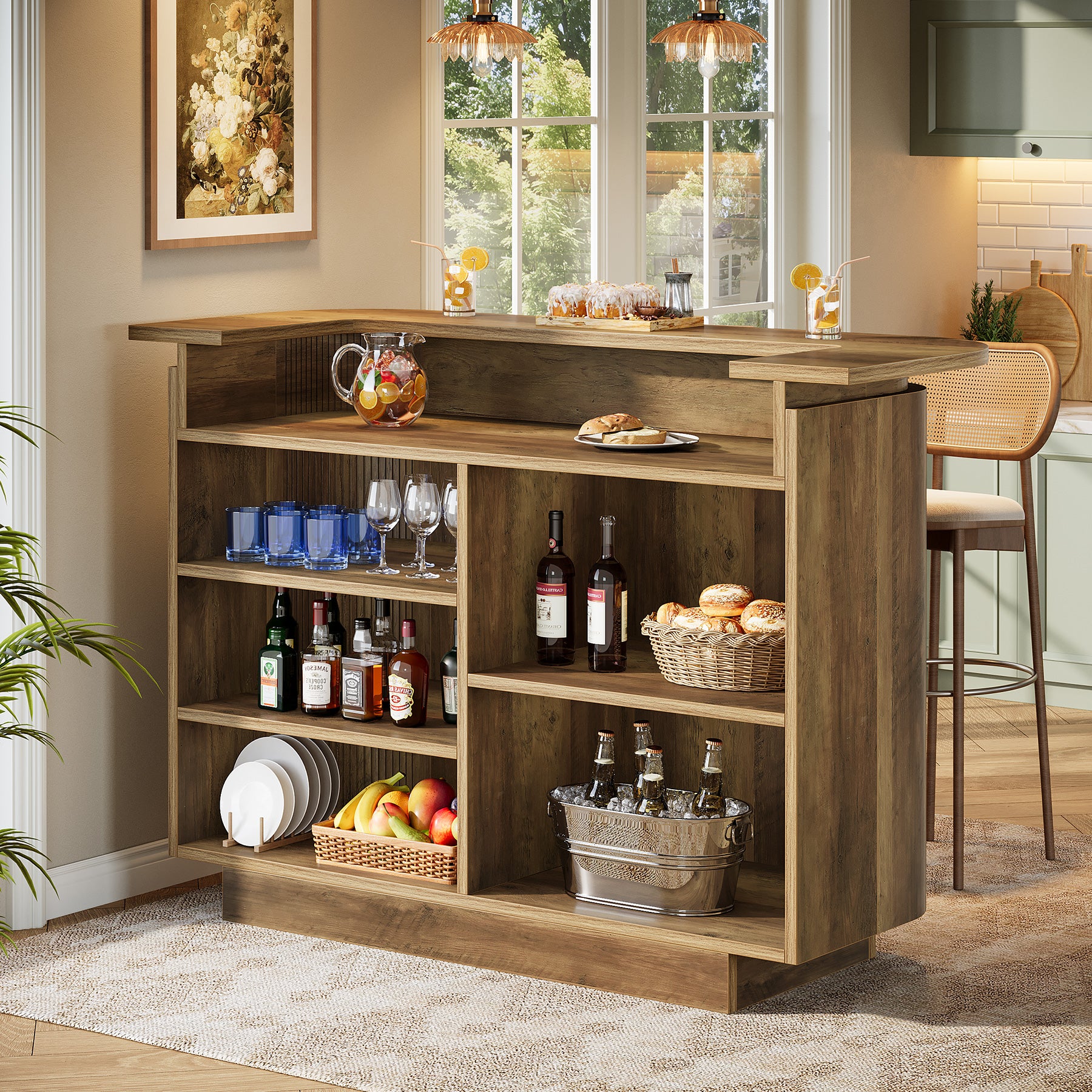 53.5" Home Bar Table, 5-Tier U-Shaped Counter Height Pub Table with 5 Cubbies Storage