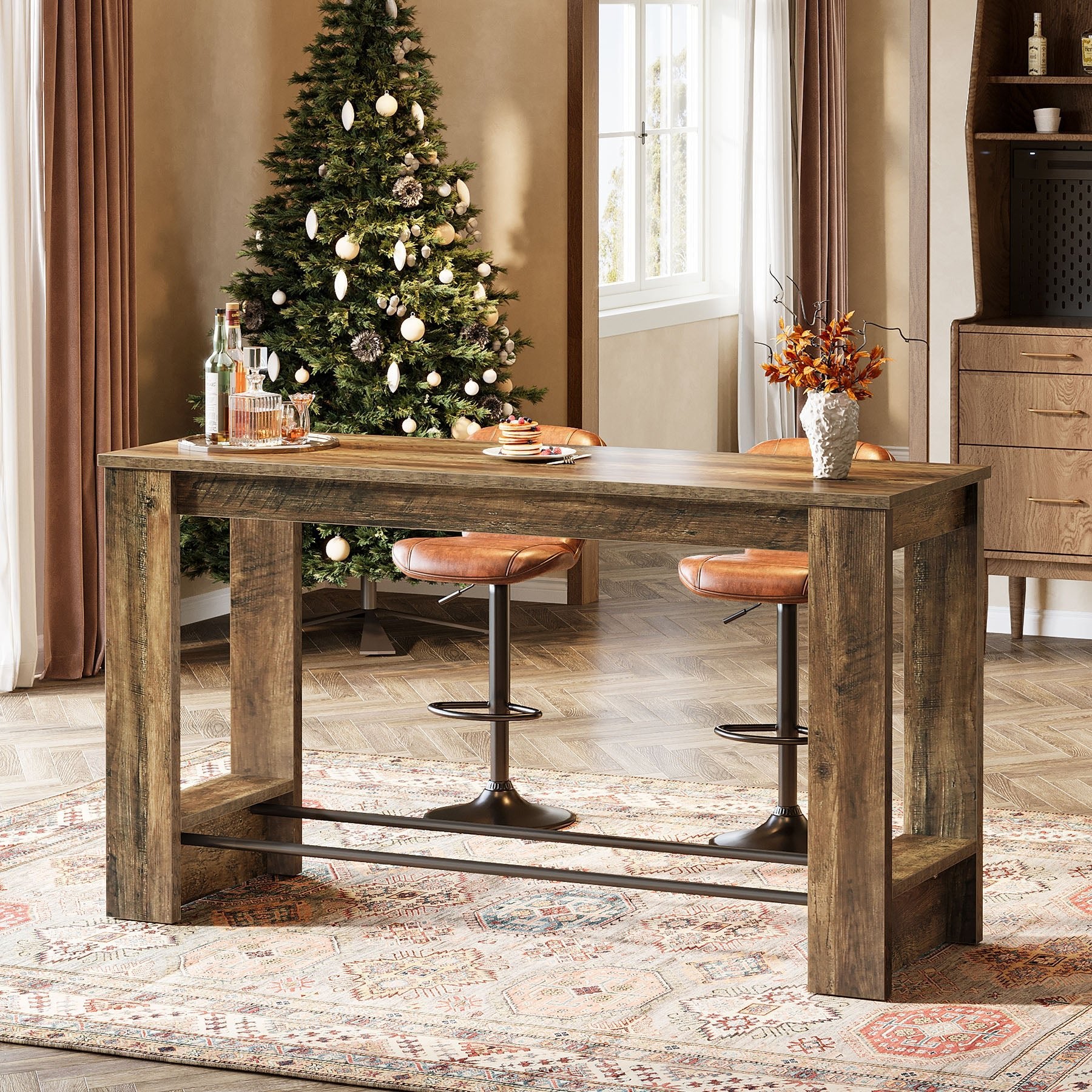 63" Bar Table Counter Height Pub Table with Metal Footrests