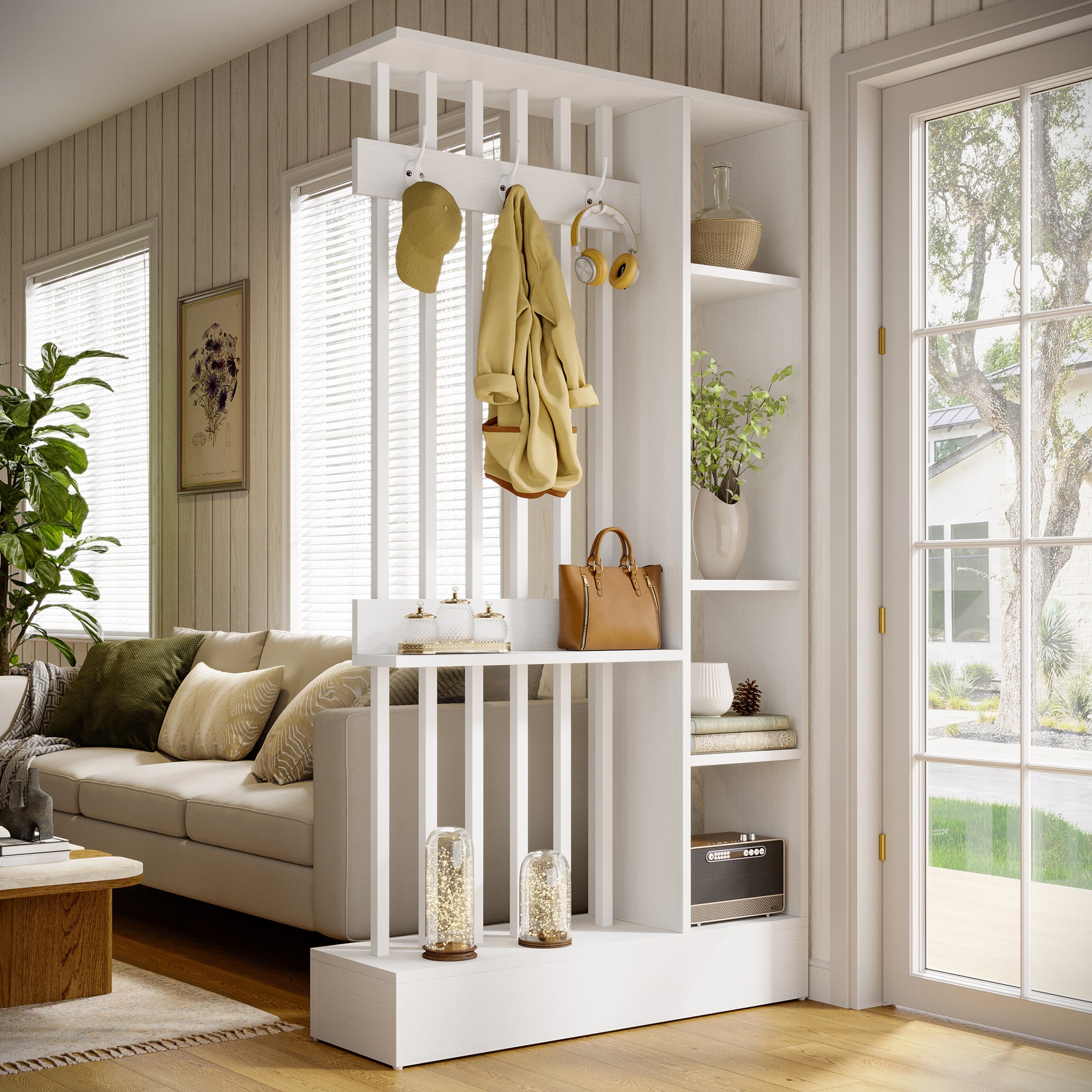 71" Wall Room Divider, Wood Freestanding Wall Partition Bookcase with Coat Hooks