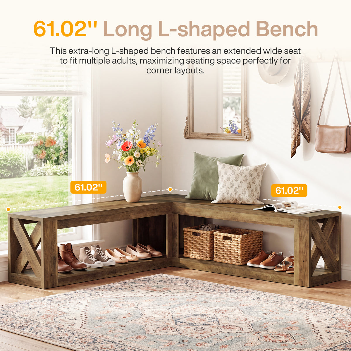 61" L-Shaped Entryway Bench, 2-Tier Corner Bench with Storage Shelf for Living Room