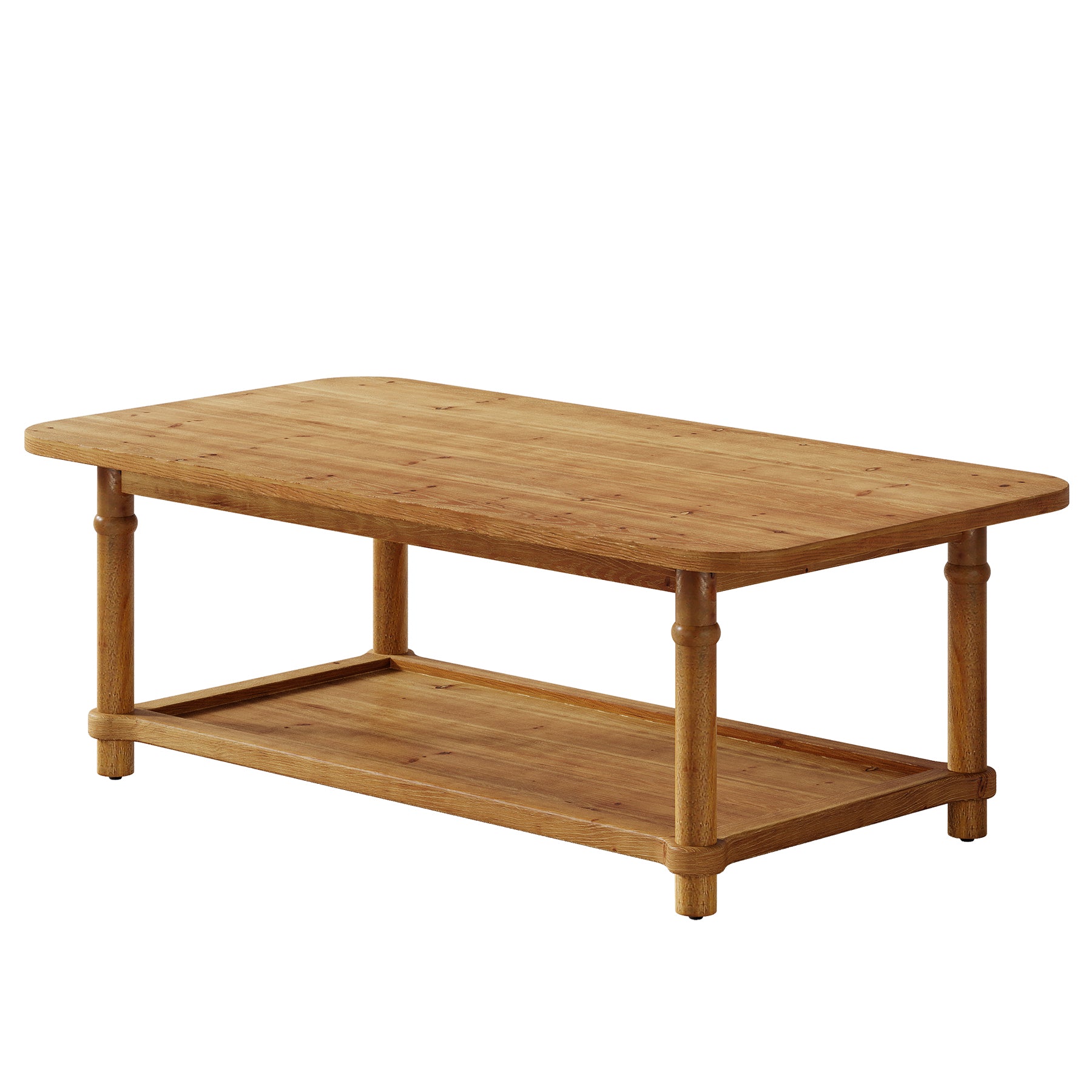 Rectangle Solid Wood Coffee Table, 47" Center Table with 2-Tier Storage