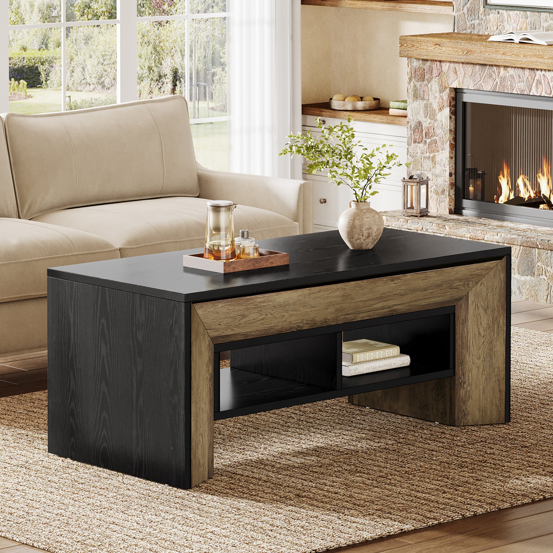 47" Modern Coffee Table, Rectangular Center Table with 2-Tier Storage
