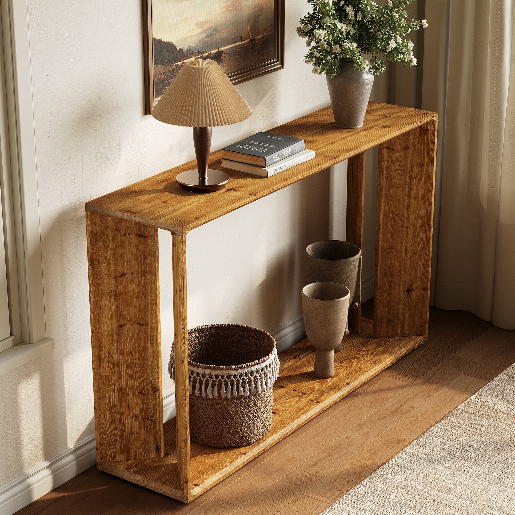 2-Tier Solid Wood Console Table, 55" Farmhouse Entryway Table for Foyer