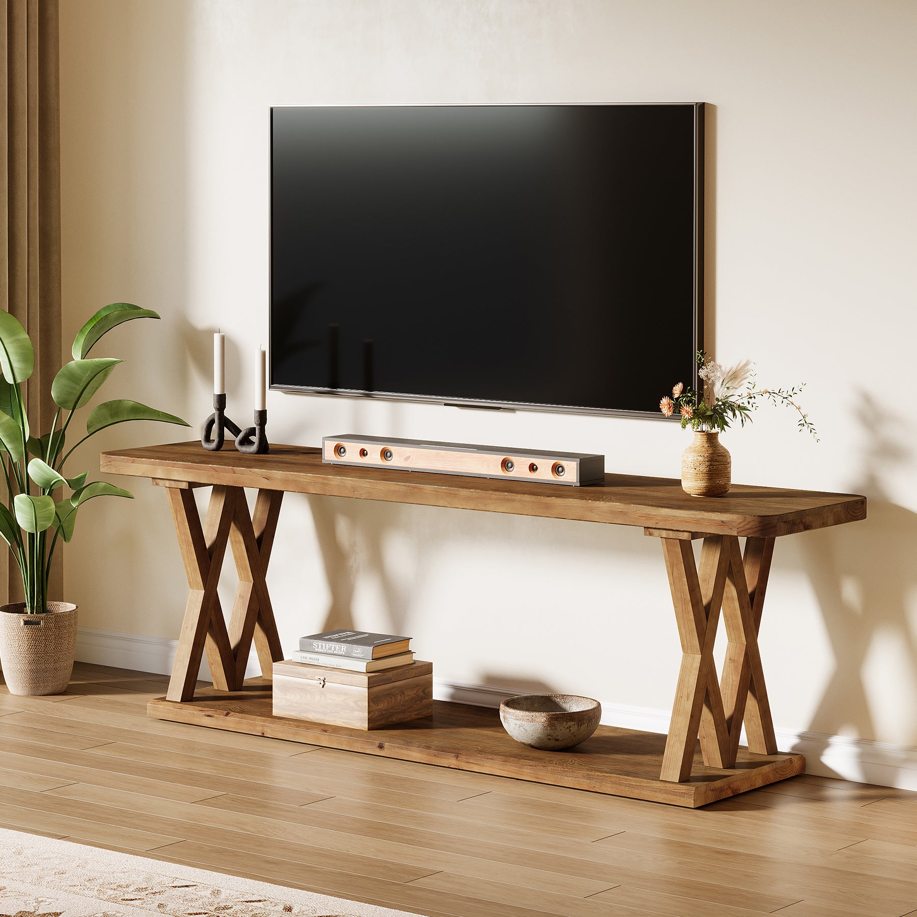 63" Solid Wood TV Stand, Farmhouse Entertainment Center for TVs Up to 75-Inch