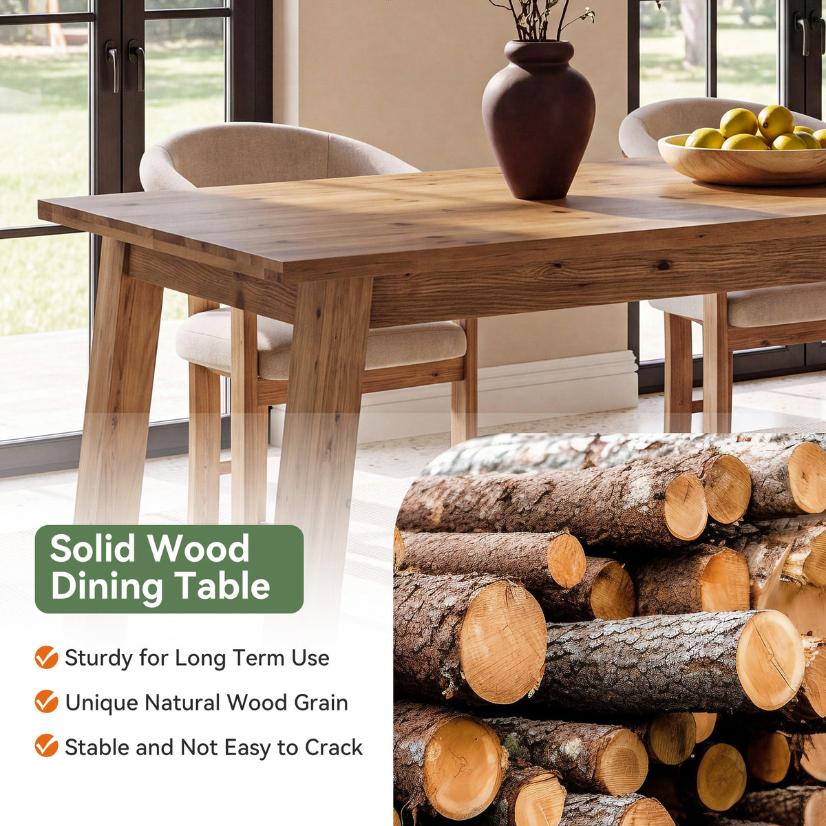 63" Rectangle Solid Wood Dining Table for 6 People, Farmhouse Kitchen Table for Dining Room