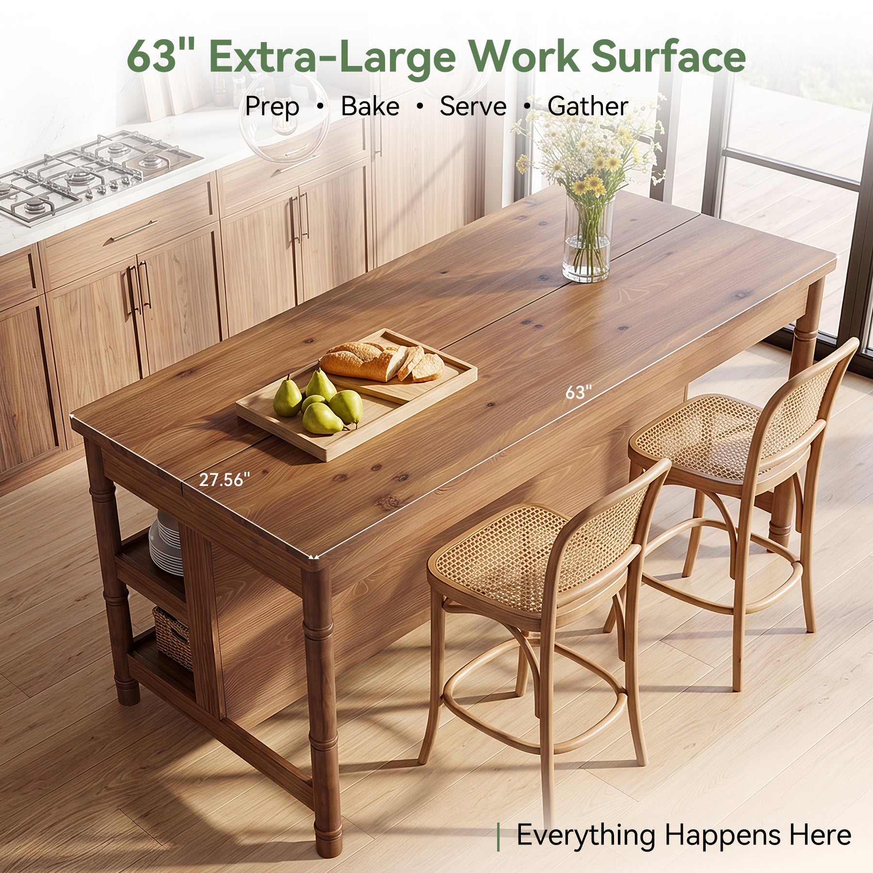 63" Kitchen Island Table with Storage & Seating, Farmhouse Wood Island with 3-Tier Shelves