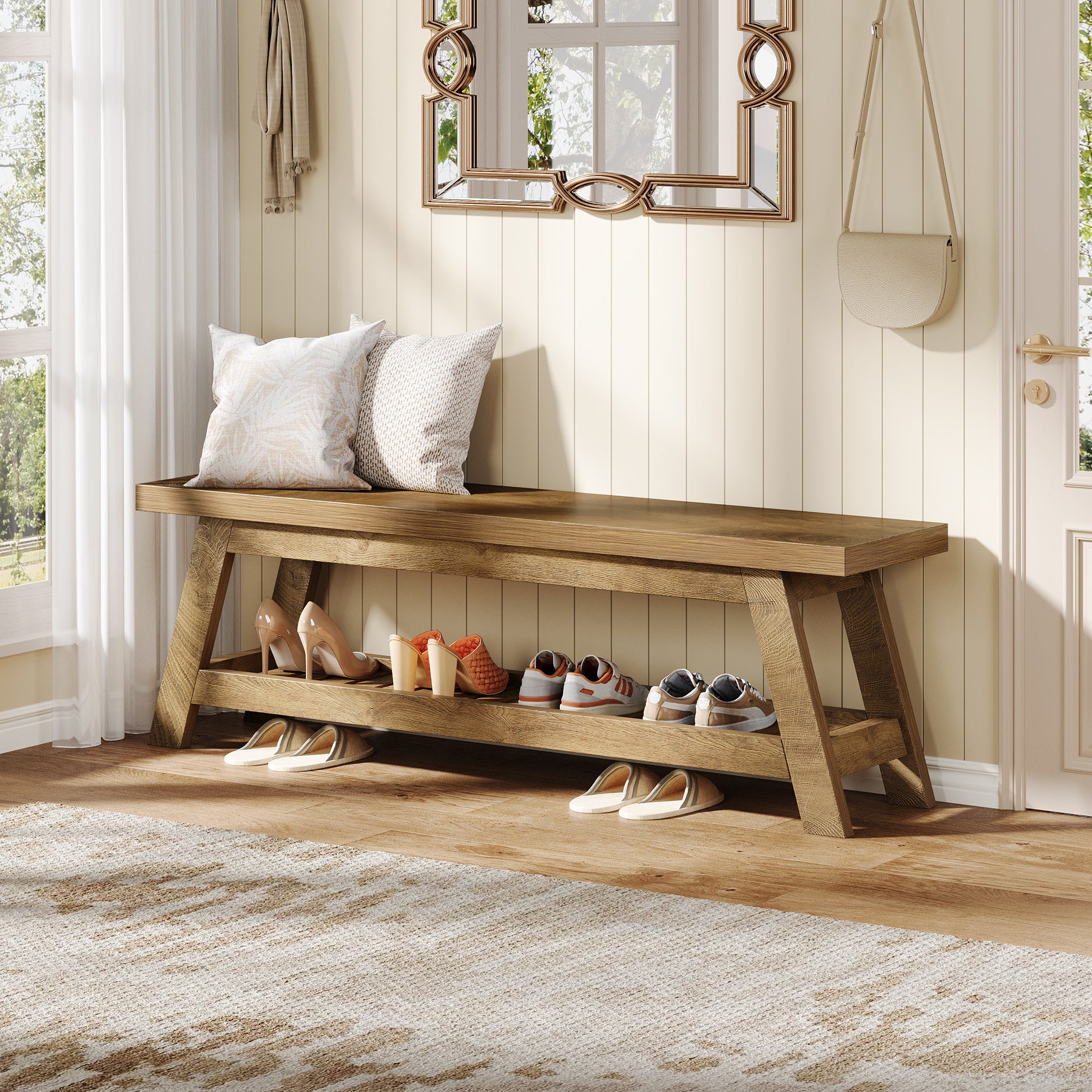 55" Entryway Bench, 2-Tier Foyer Seating Bench with Shoe Storage