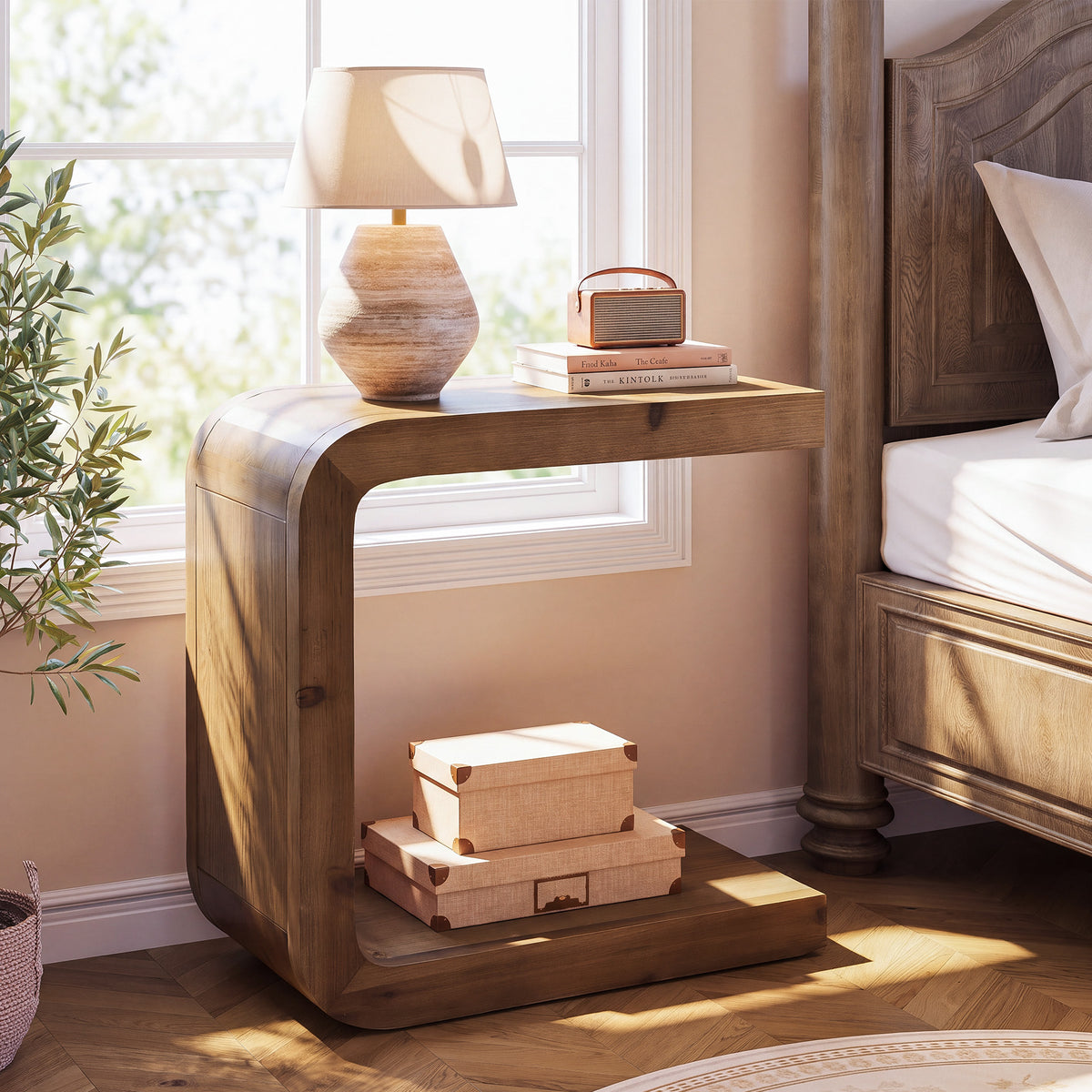 Solid Wood End Table, 2-Tier C-Shaped Side Table with Storage for Living Room, Bedroom