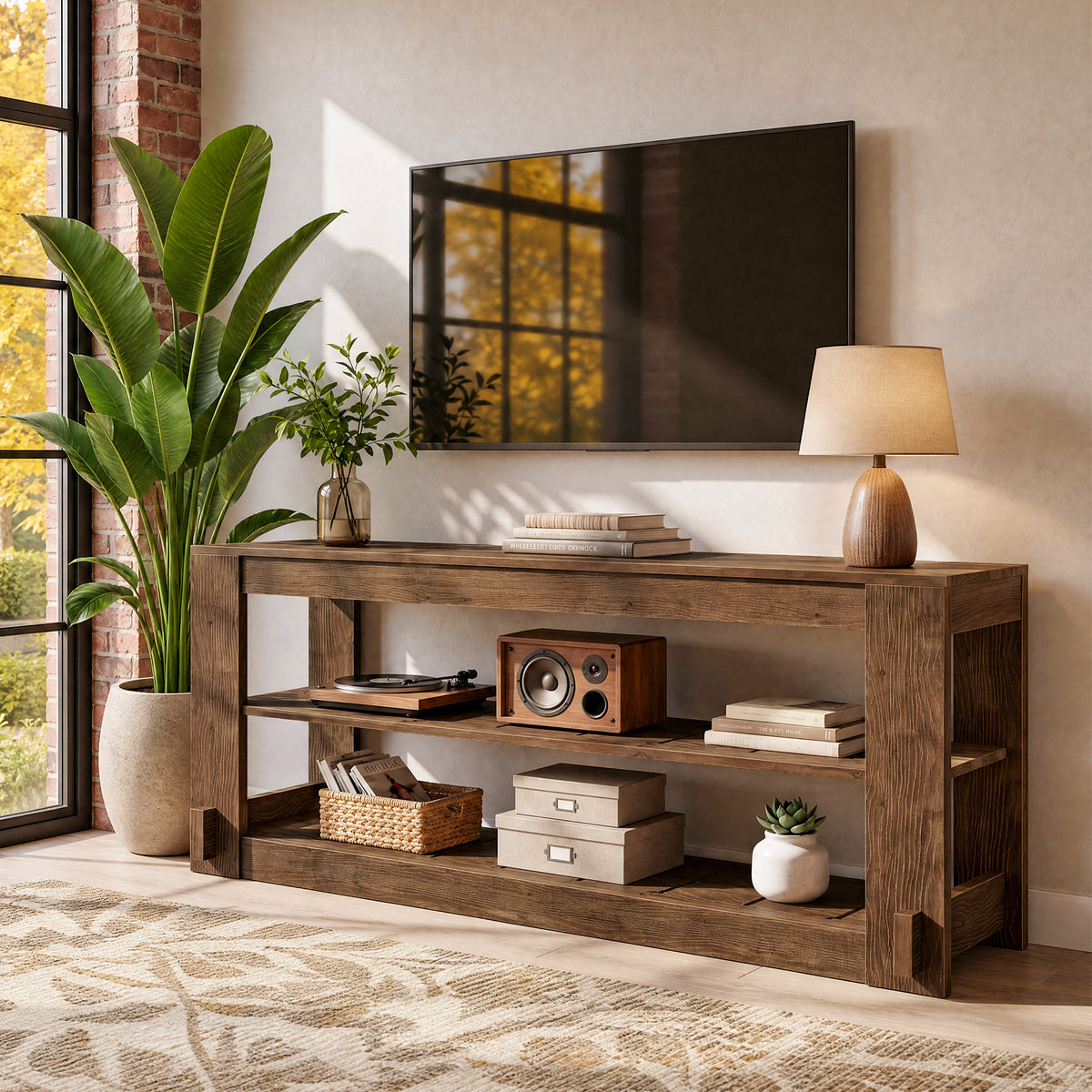 63" Solid Wood TV Stand, 3-Tier Media Entertainment Center for Living Room