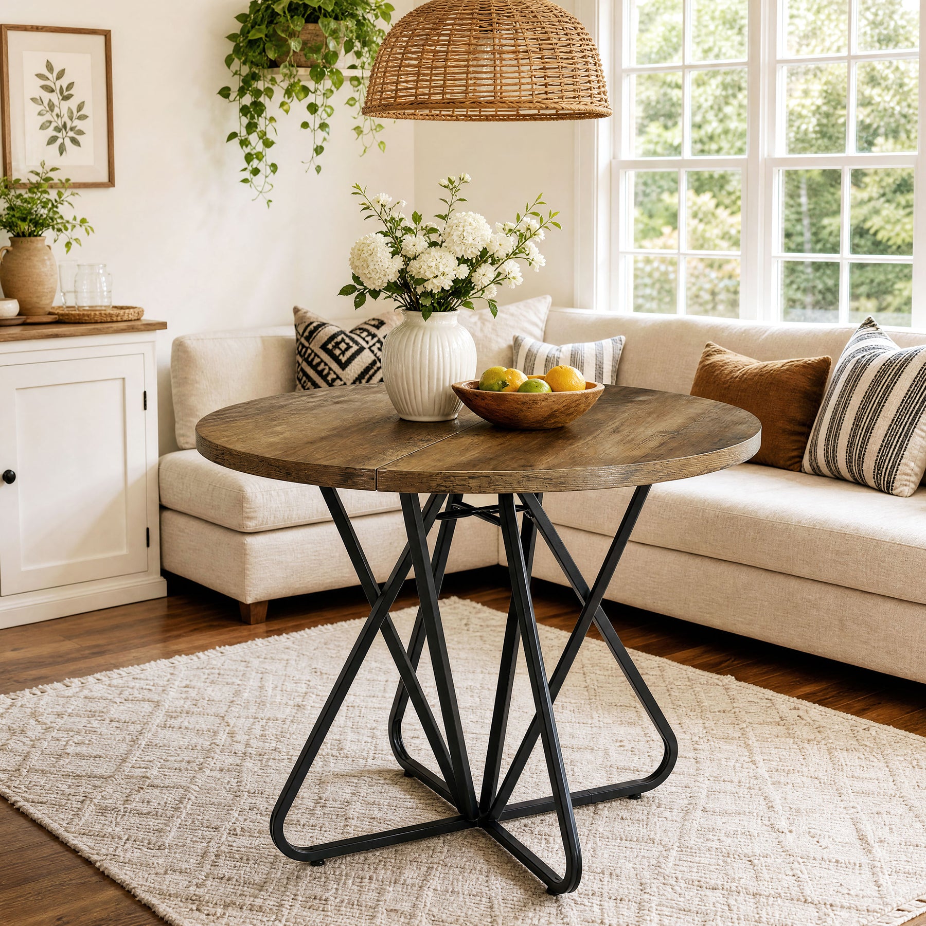 31.5" Round Dining Table, Small Farmhouse Kitchen Table with Geometric Frame for 2-4