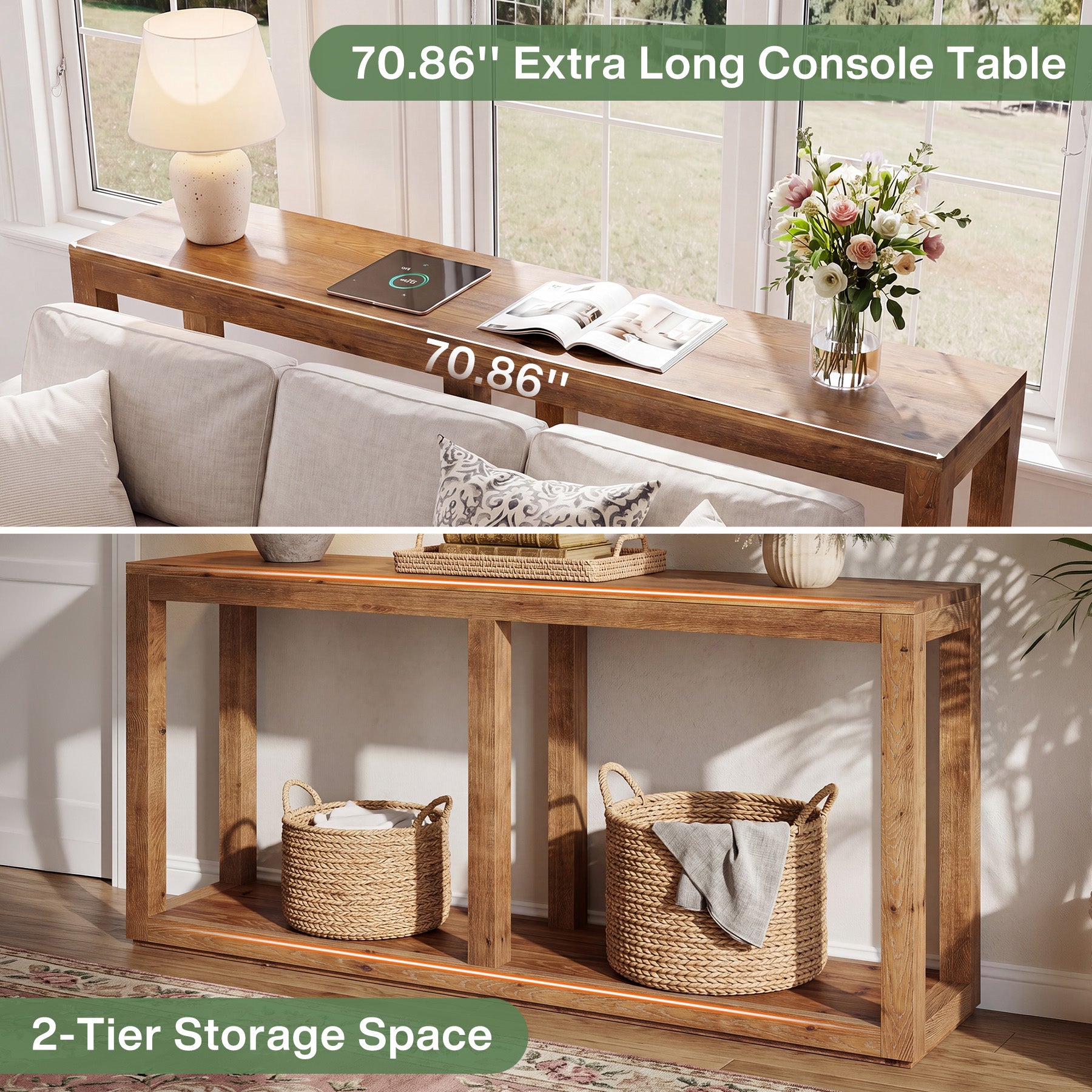 70.9" Solid Wood Console Table, 2-Tier Farmhouse Entryway Sofa Table Behind Couch