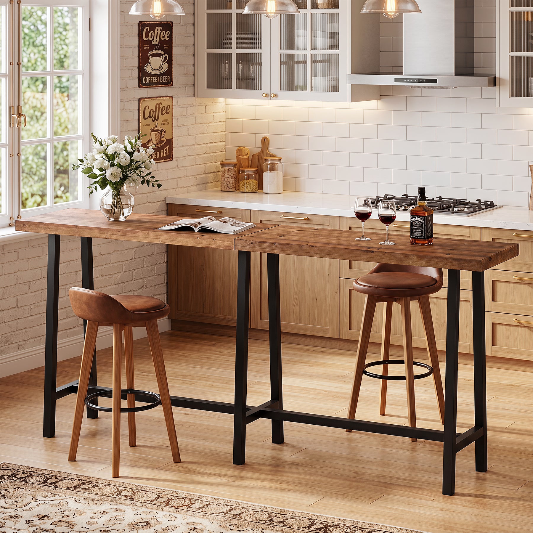 86" Extra Long Industrial Bar Table, Counter Height Solid Wood Pub Table, Narrow High Top