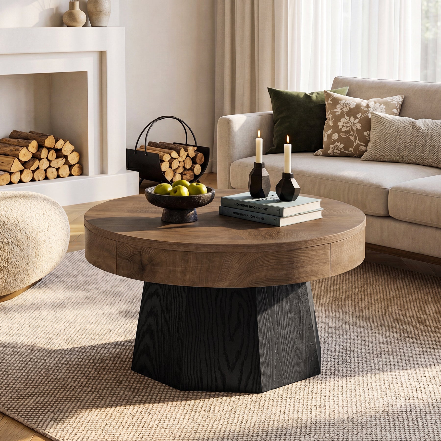 31.5" Round Coffee Table, octagonal base Tea Table for Living Room