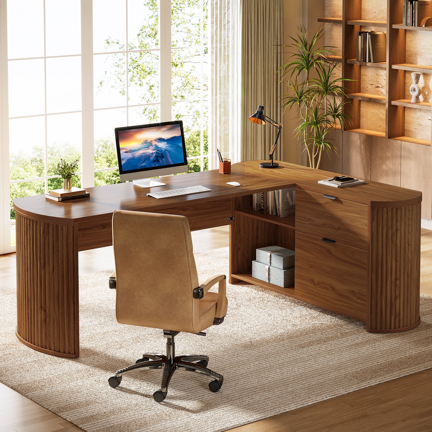 79" L-Shaped Executive Desk, Large Computer Desk with File Drawers