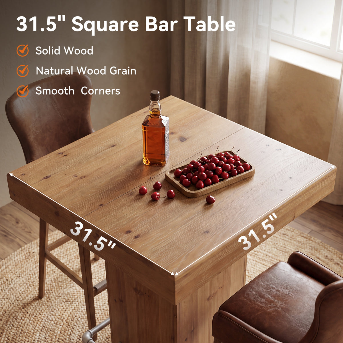 31.5" Square Solid Wood Bar Table, Industrial Counter Height Table with Metal Footrest