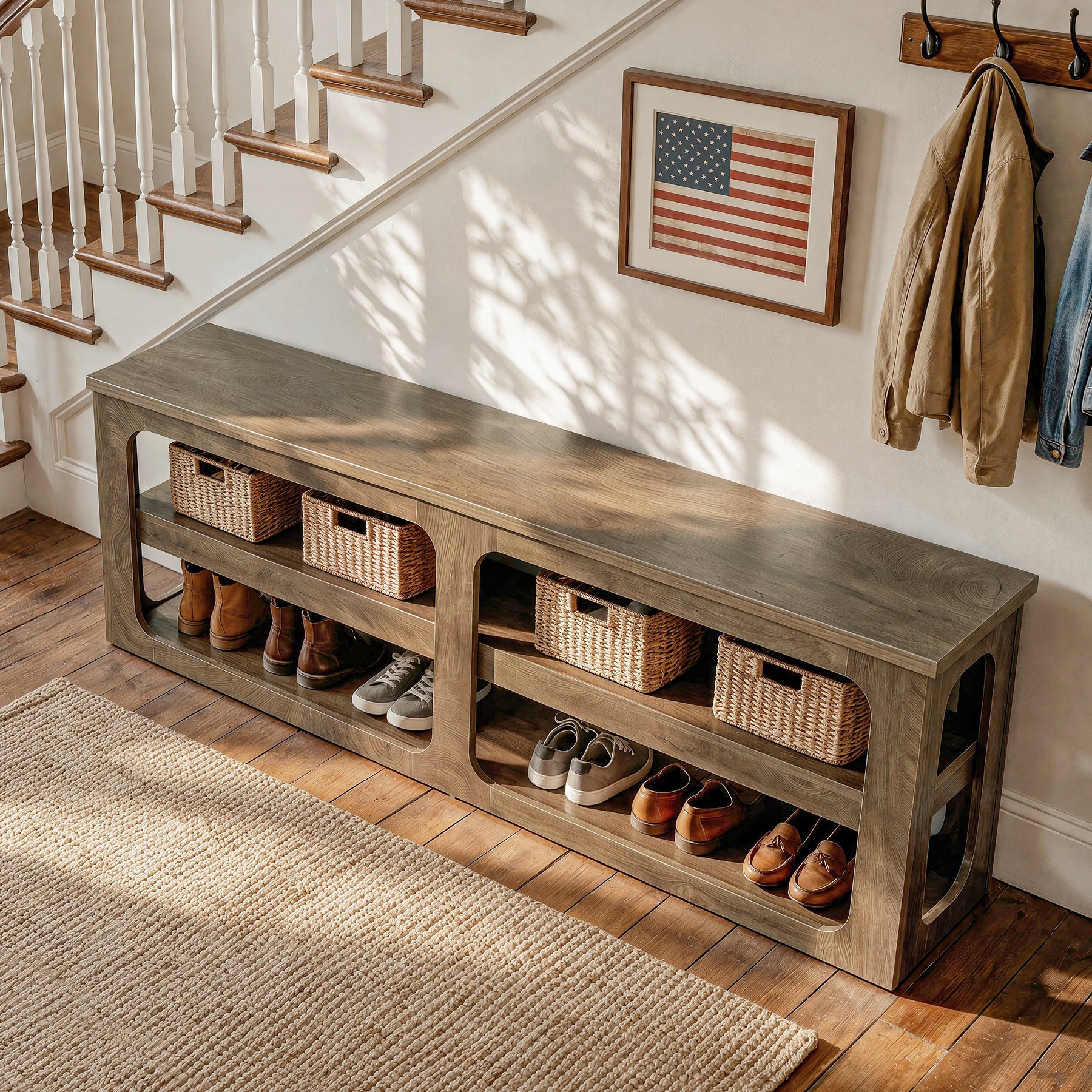 70.87” Entryway with 3-Tier Storage Shelves, Farmhouse Shoe Bench for Hallway