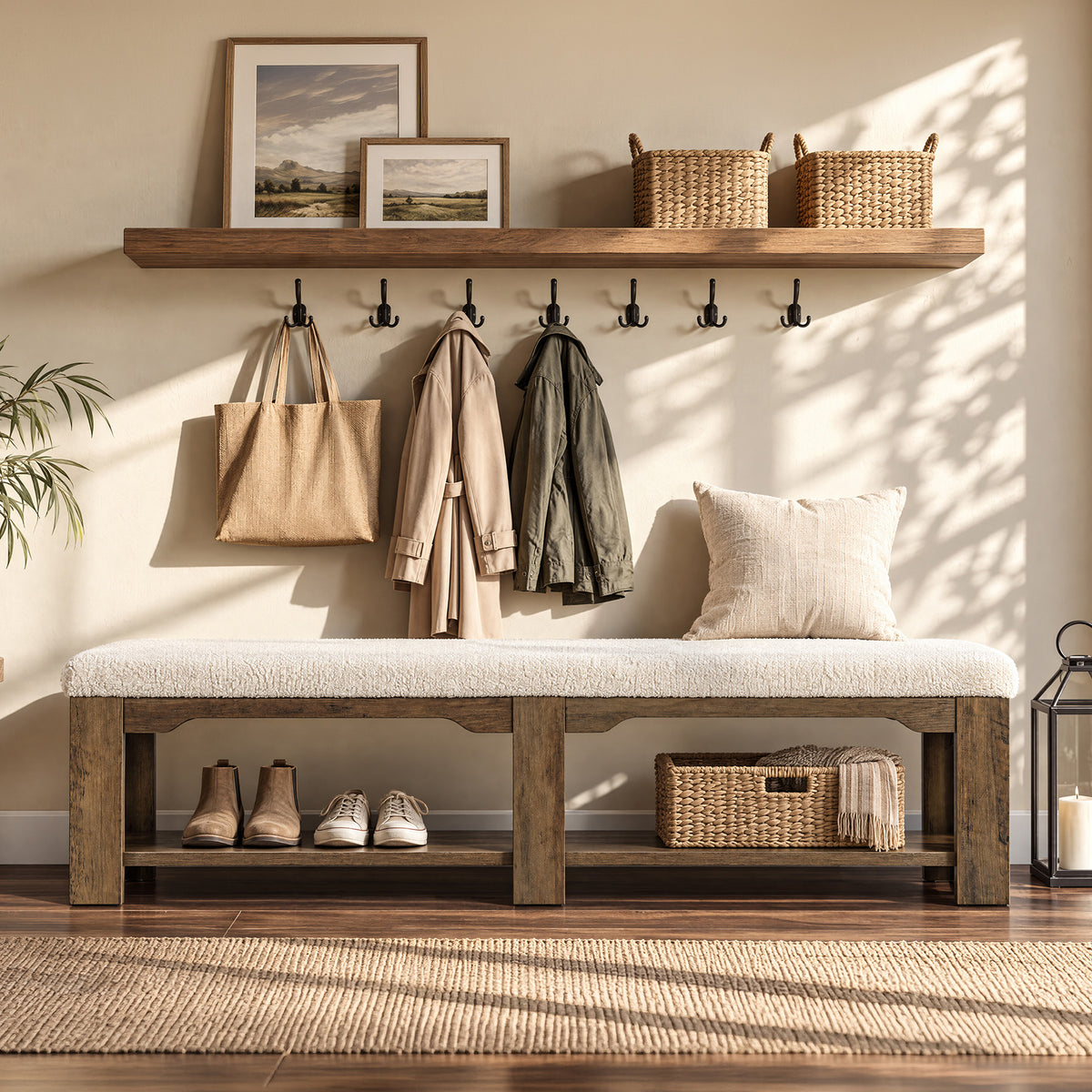 71" Wide Entryway Shoe Bench, Farmhouse Cushioned Seat & Lower Open Storage Shelf