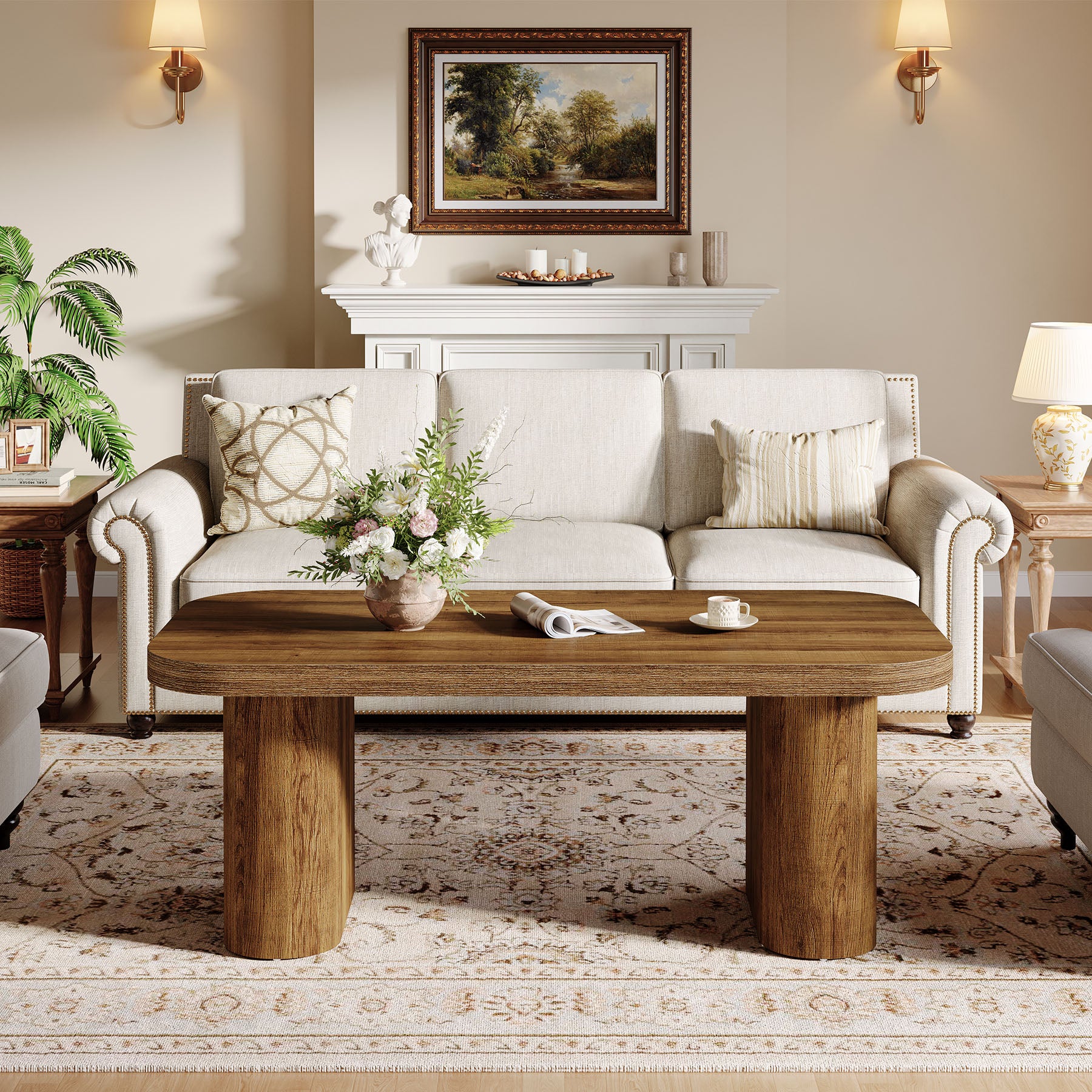 47-Inch Farmhouse Coffee Table, Rectangular Center Table with Rounded Corners and Sturdy Base