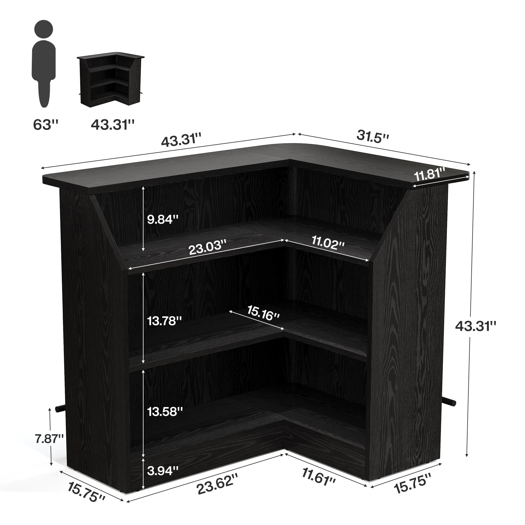 L-Shaped Home Bar Unit, 4-Tier Fluted Bar Table with Storage Shelves