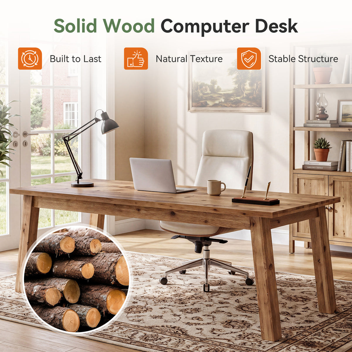 63"  Solid Wood Computer Desk, Farmhouse Executive Desk for Home Office