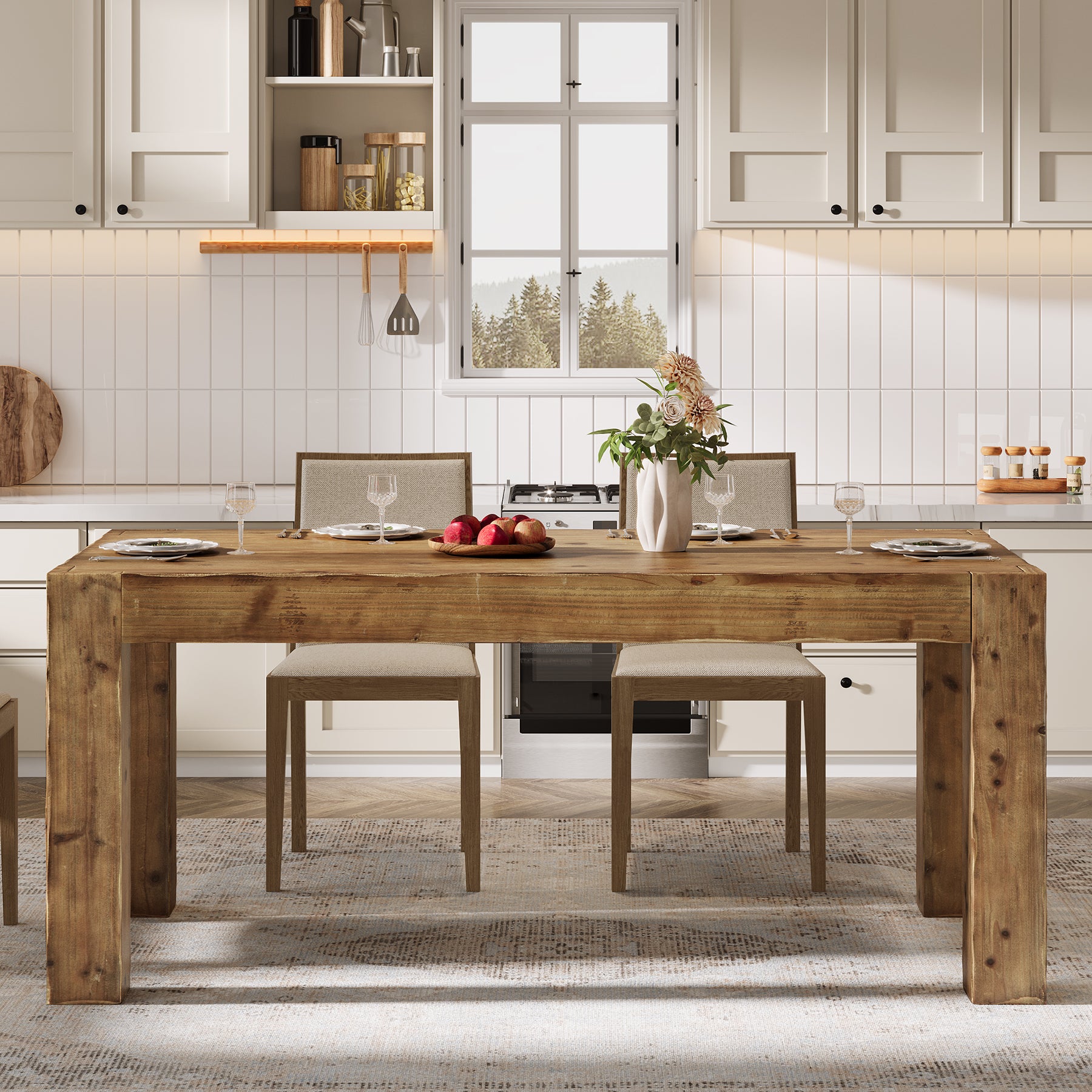 63" Dining Table, Solid Wood Dinner Kitchen Table For 4 To 6