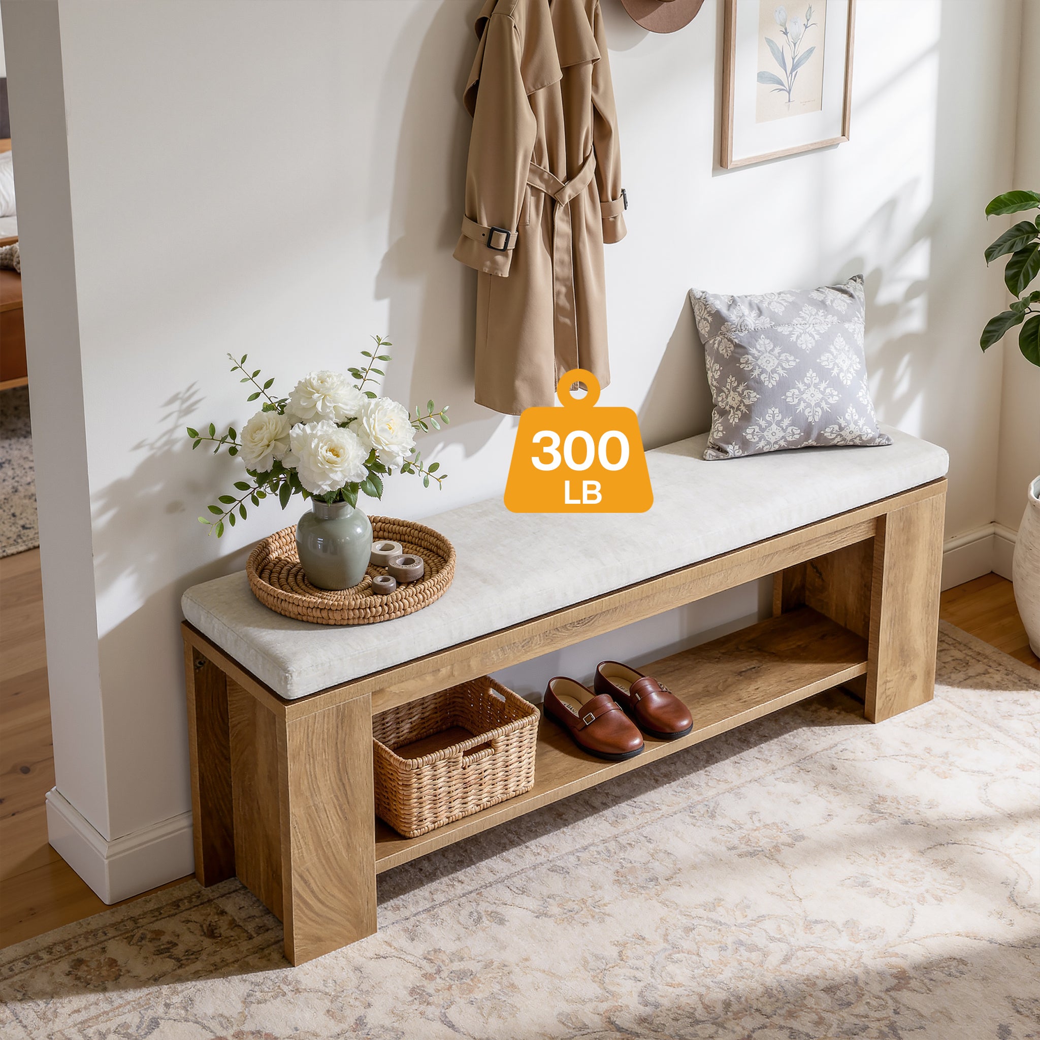 47" Upholstered Entryway Bench, Indoor End of Bed Bench with Padded Seat