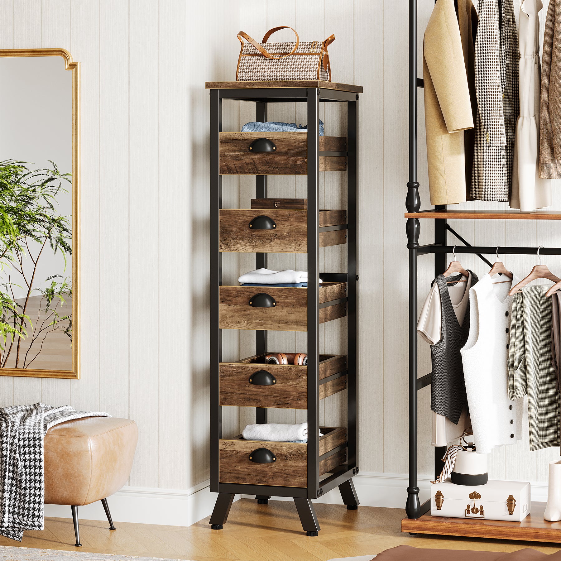 Wood Storage Rack, 5-Tier Fruit and Vegetable Basket Snack Stand