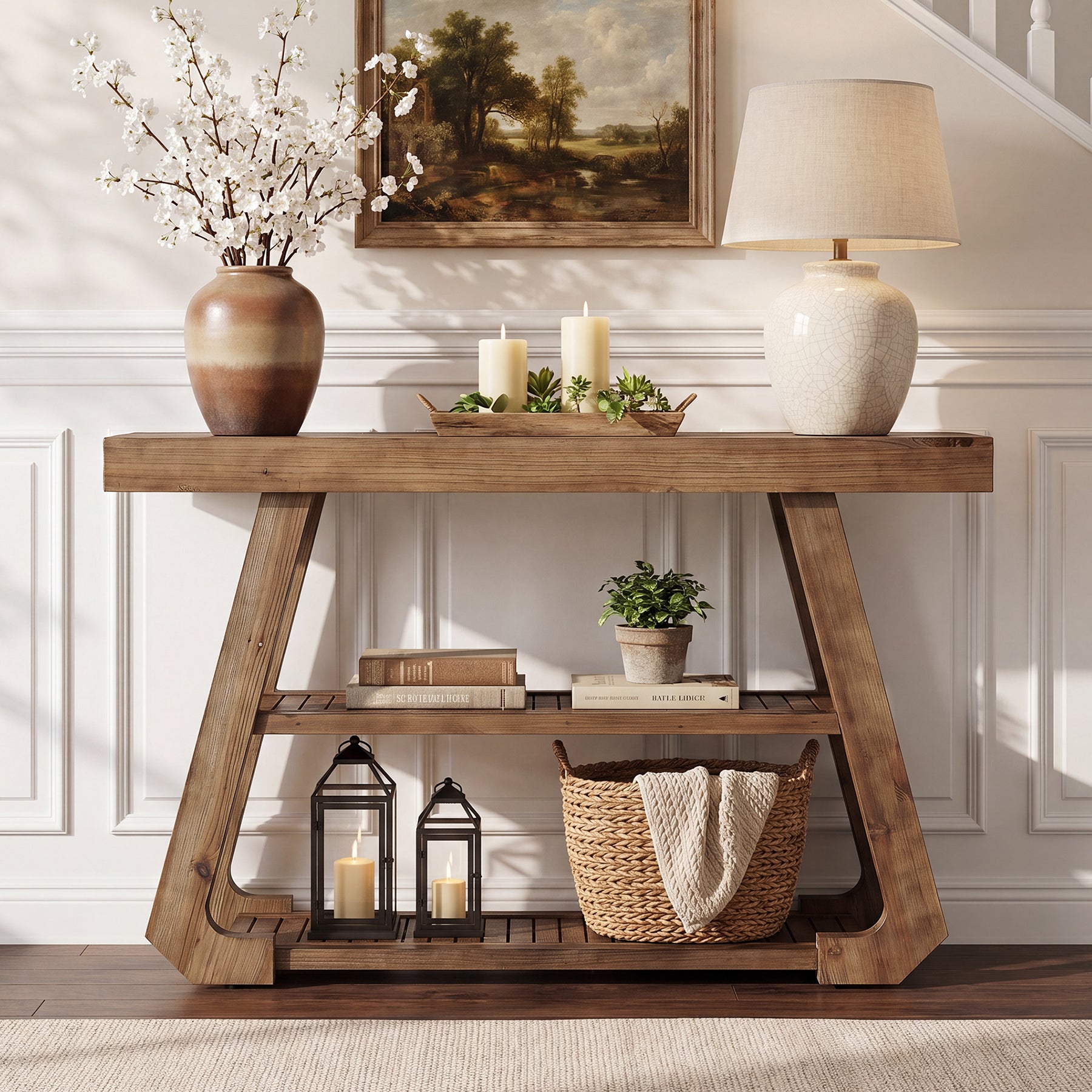 41.3" Solid Wood Console Table, 3-Tier Entryway Sofa Table for Foyer, Living Room