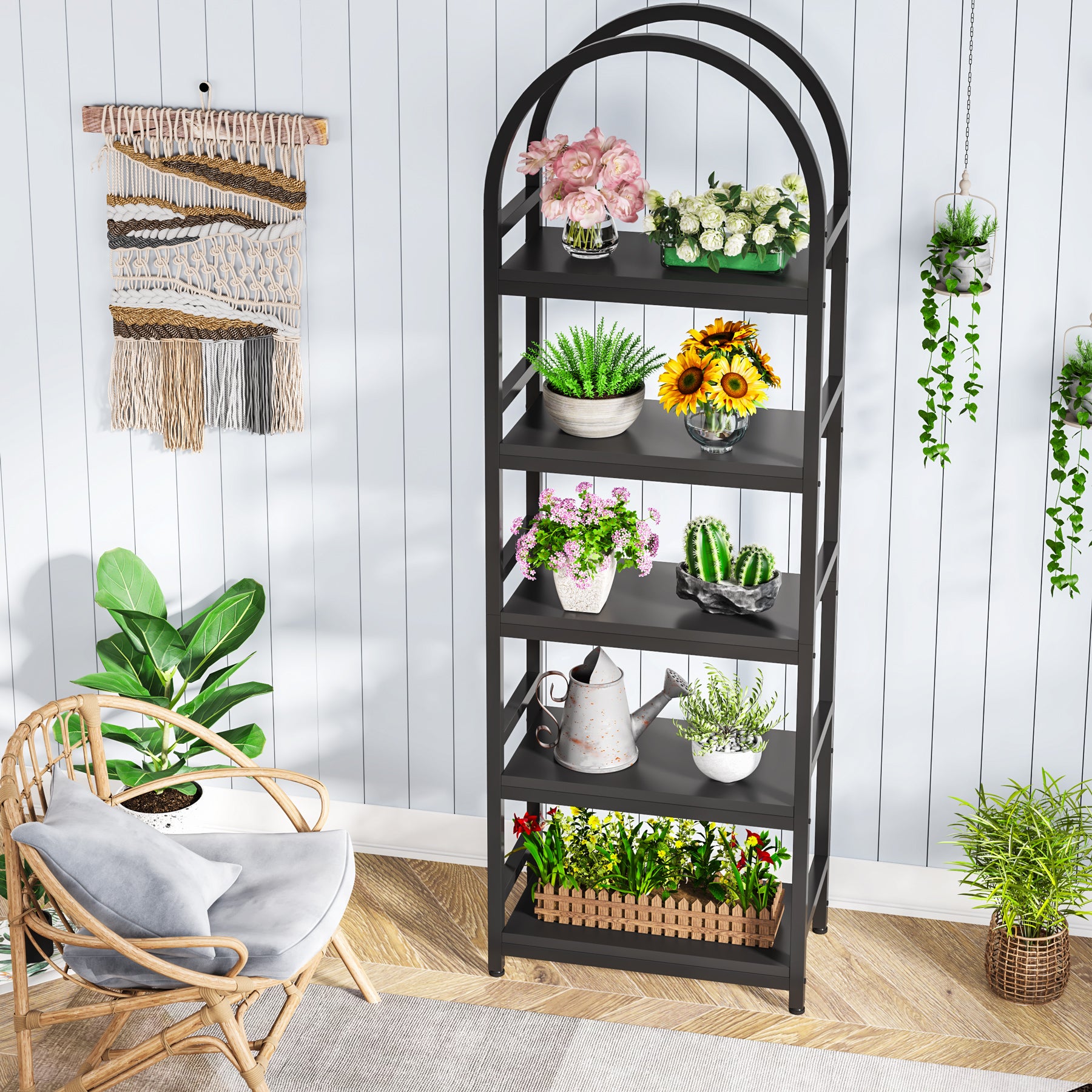 4-Tier / 5-Tier Bookshelf, Arched Bookcase Display Rack with Storage Shelves