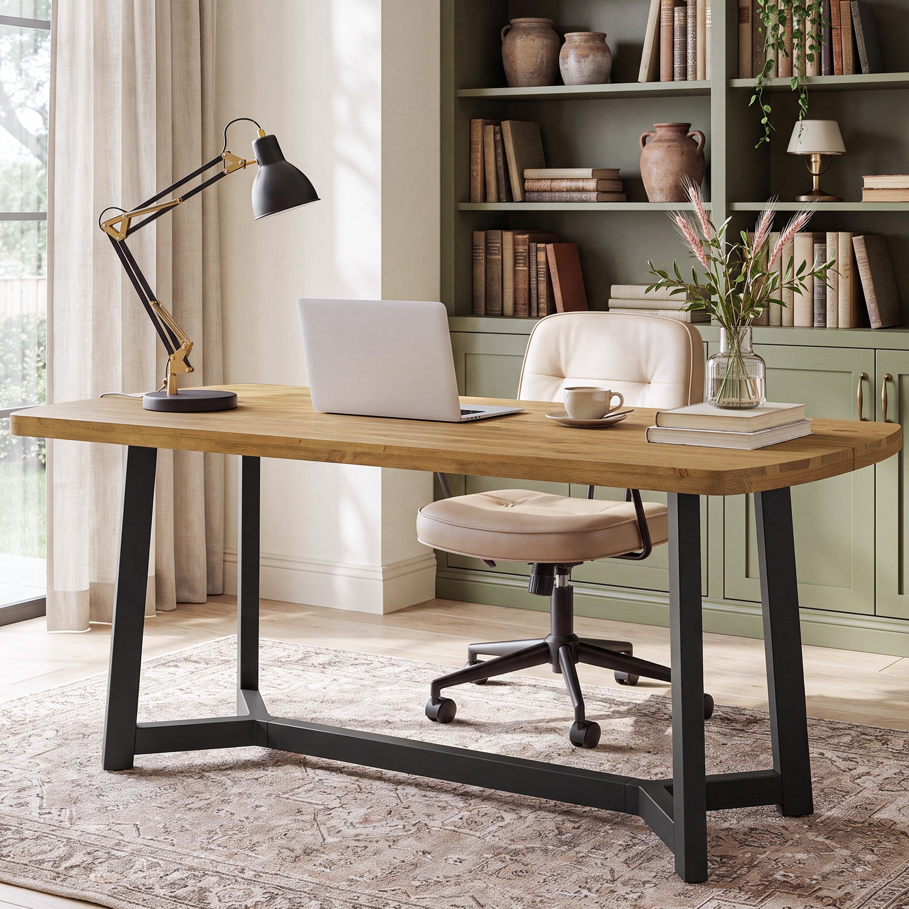 63" Modern Executive Desk, Solid Pine Wood Computer Desk for Home Office