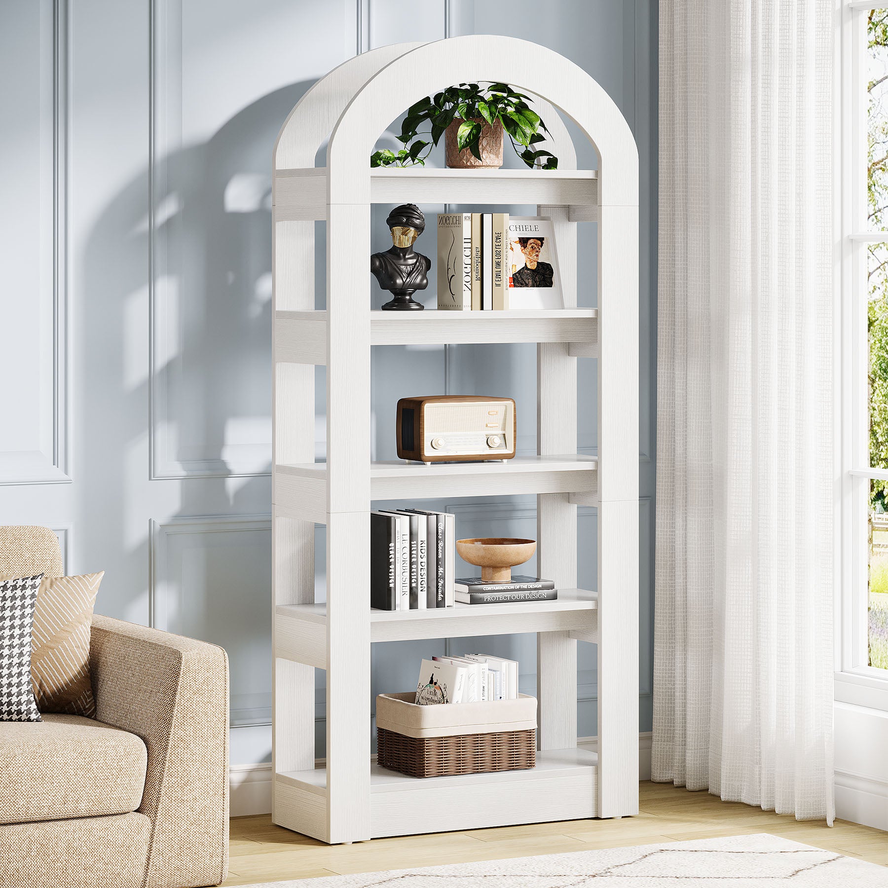 5-Tier Wooden Bookshelf with Arched Top, Tall Display Bookcase Shelf