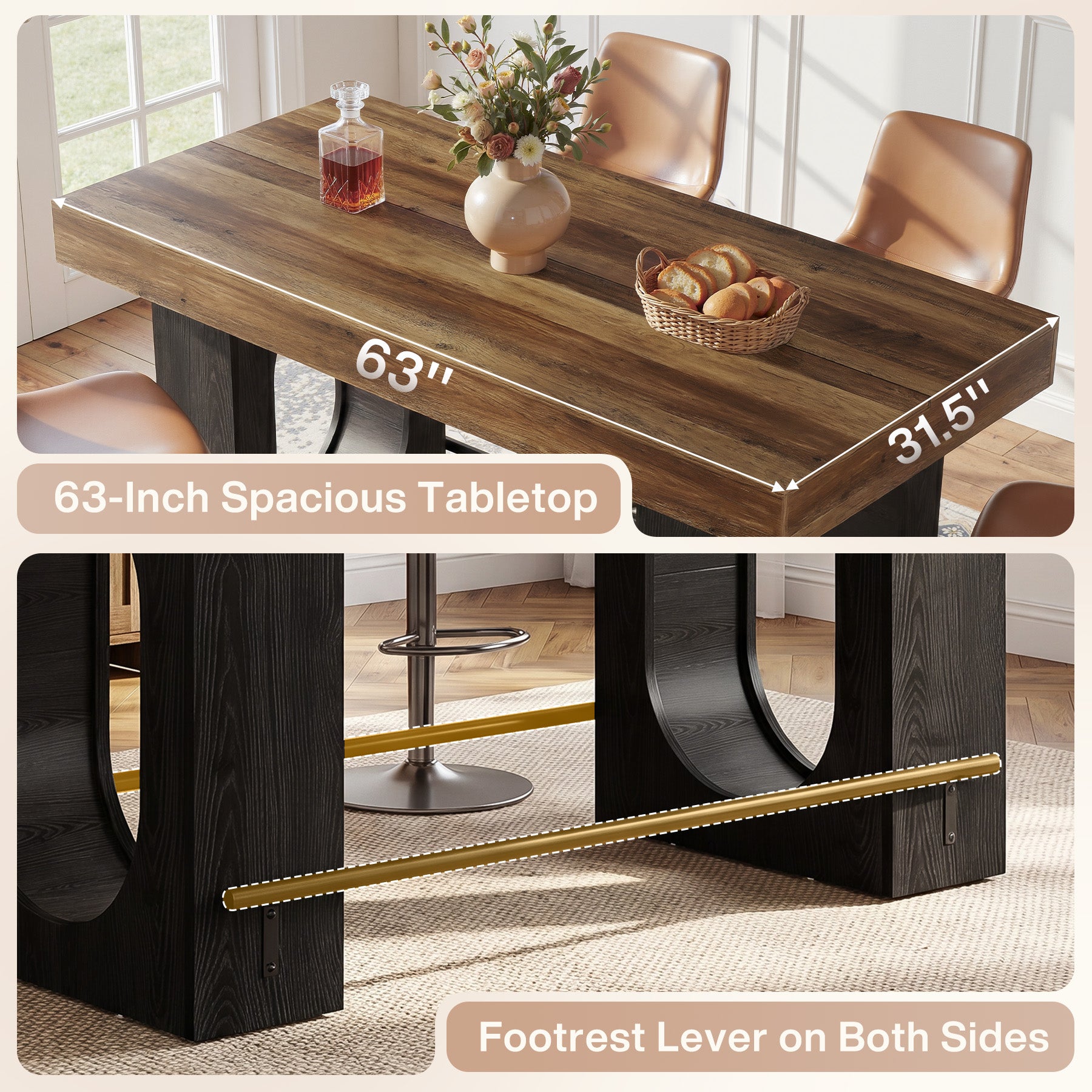63" Bar Table, Industrial Counter Height Pub Table with Metal Footrest for Kitchen