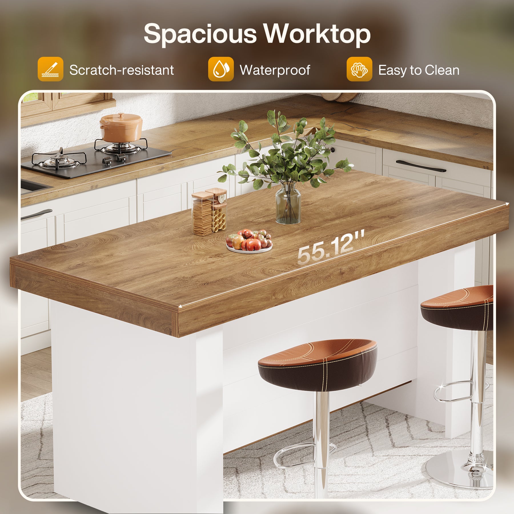 55" Kitchen Island, Farmhouse Center Island with 2 Tier Storage