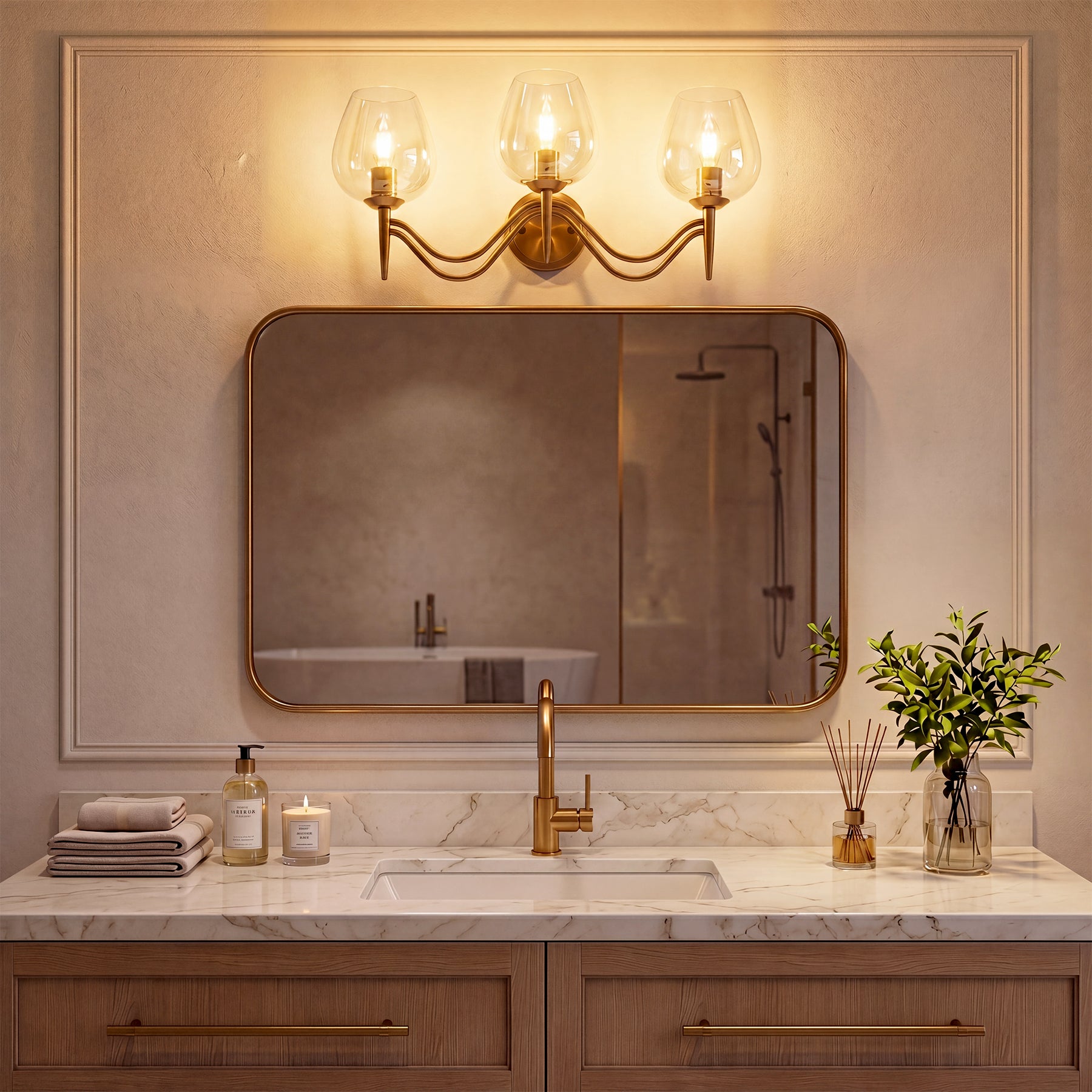 3-light Bathroom Vanity Light, Gold Metal & Clear Glass Wall Sconce With E12 Base