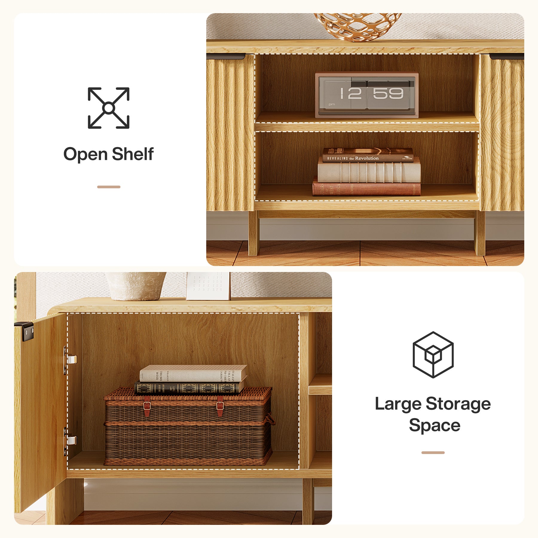 63" Fluted TV Stand with Storage Cabinet and Shelf for TVs up to 75"