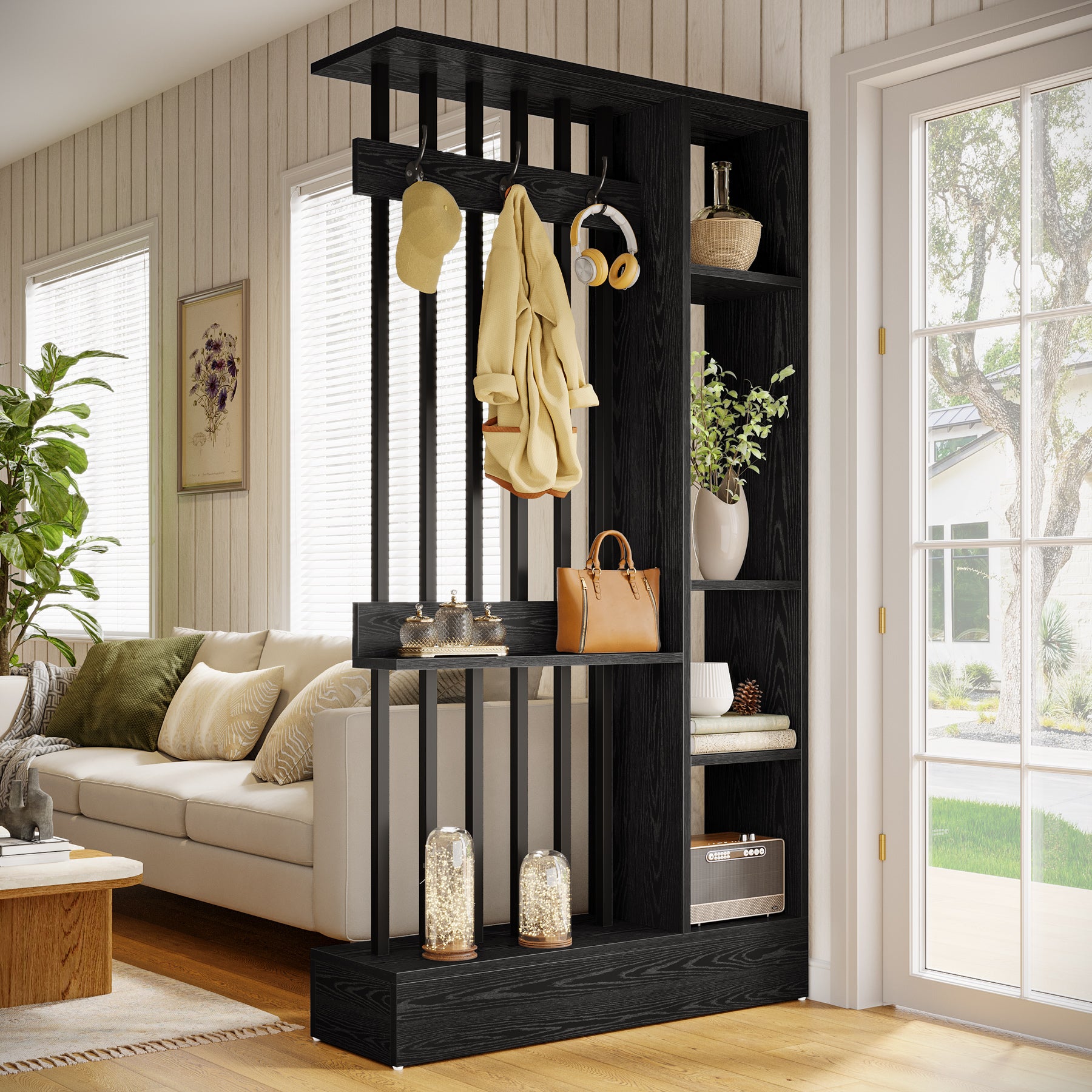 71" Wall Room Divider, Wood Freestanding Wall Partition Bookcase with Coat Hooks