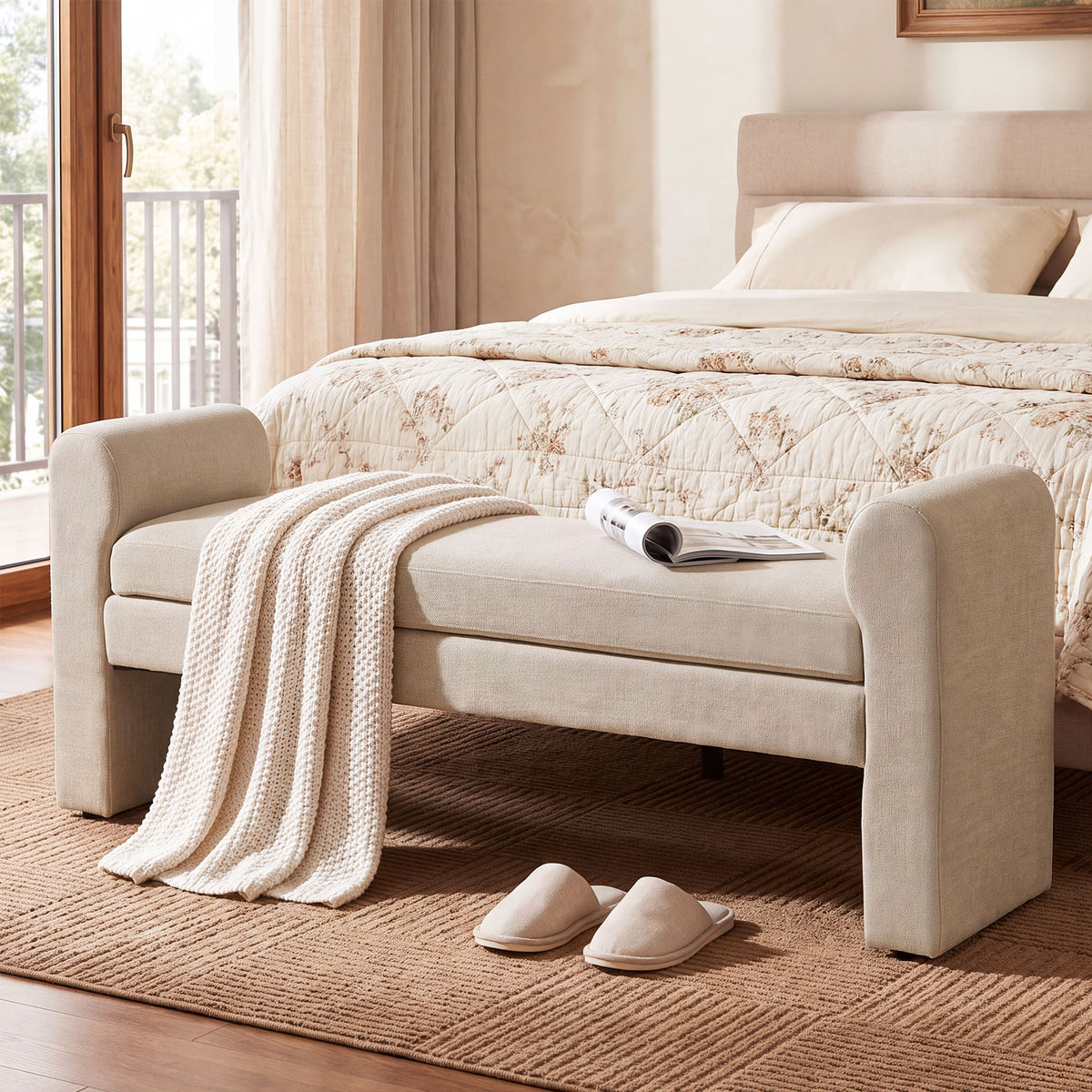 55" Upholstered End of Bed Bench with Arms, Modern Entryway Shoe Bench with Soft Cushioned Seat
