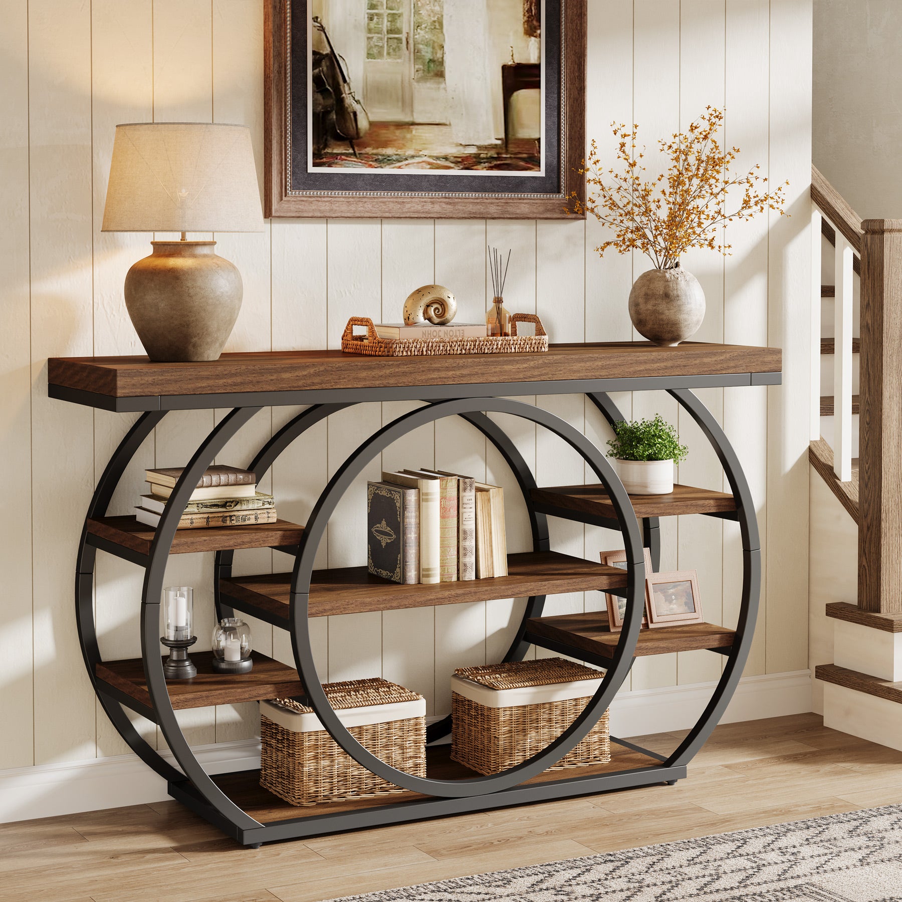 47.24" Console Table, 5-Tier Industrial Sofa Table with Metal Frame