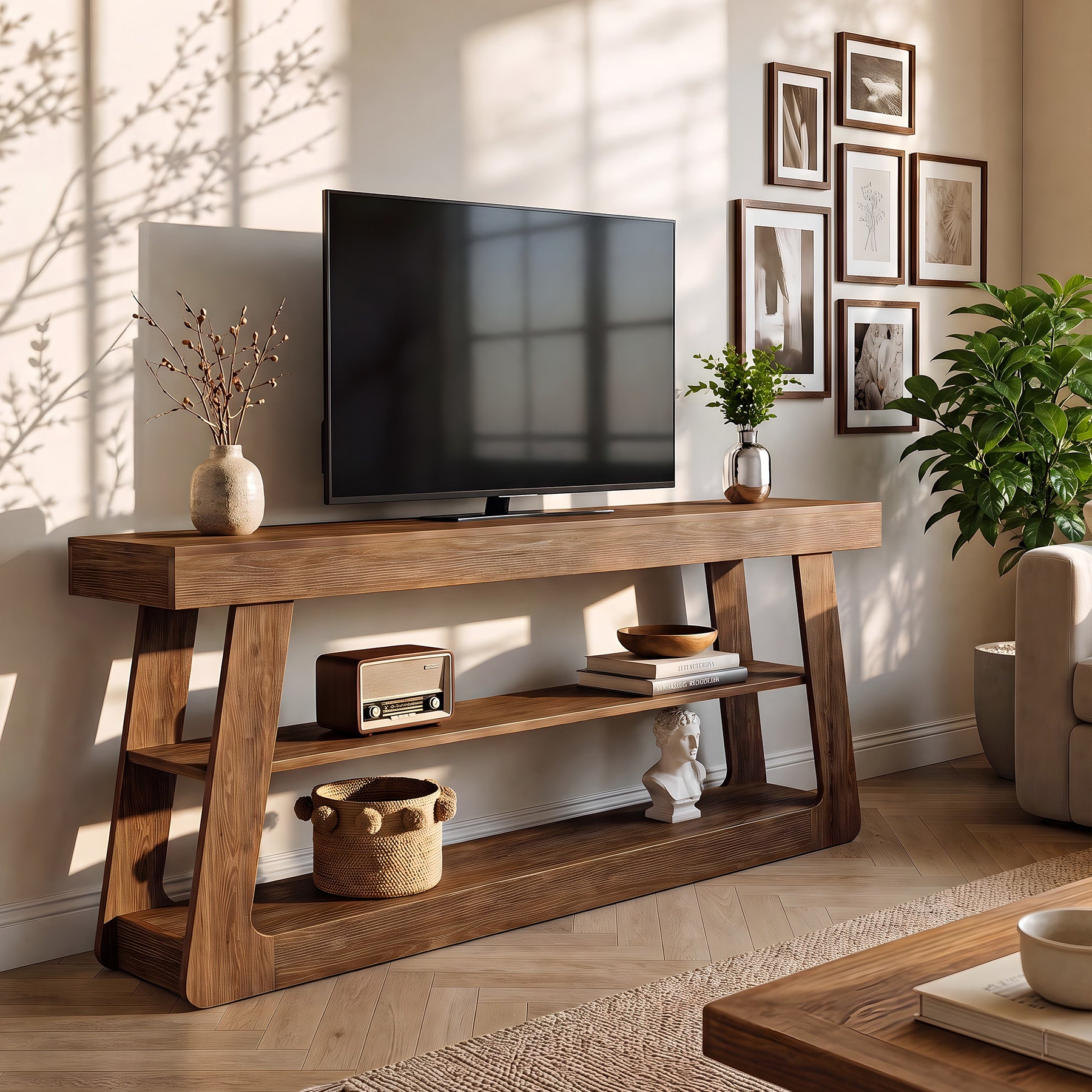 63" Solid Wood TV Stand, 3-Tier Storage Entertainment Center For Living Room