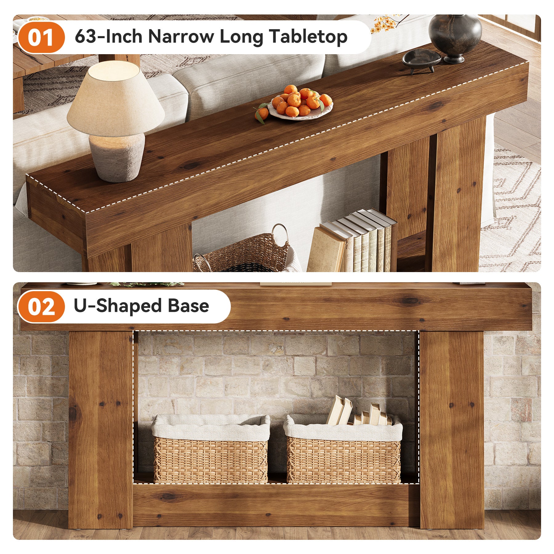 2-Tier Solid Wood Console Table, 63" Entryway Table with U-Shaped Base