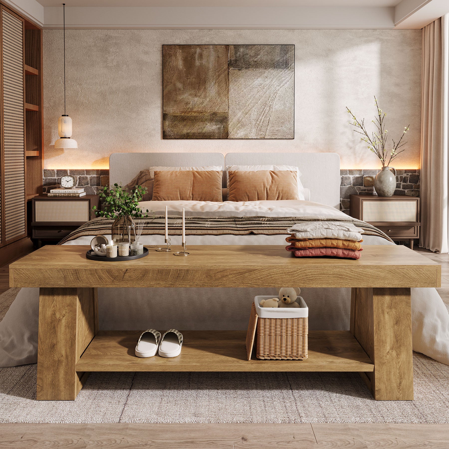 63" Entryway Bench with Storage Shelf, 2-Tier Hallway Shoe Bench