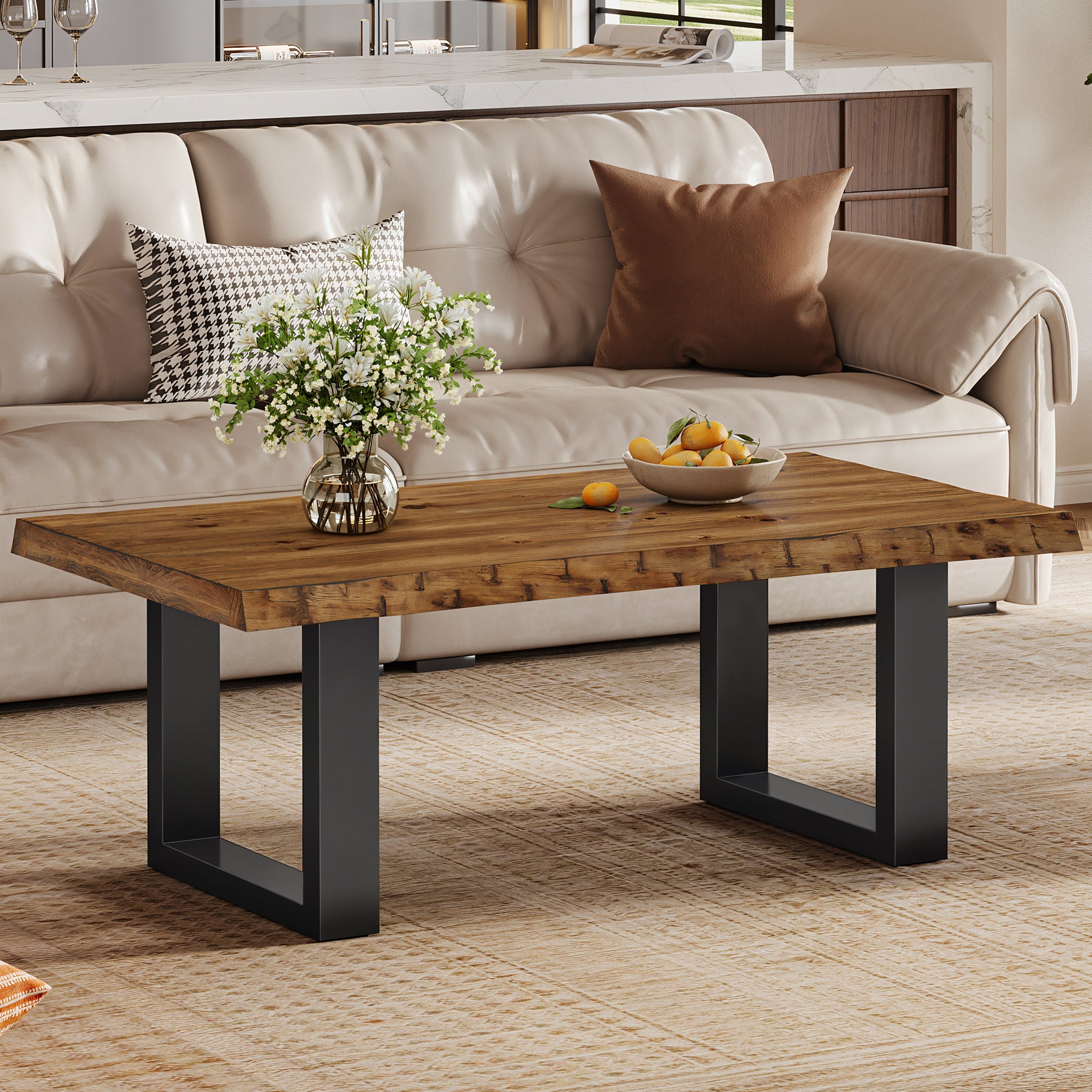 47" Solid Wood Coffee Table, Industrial Modern Center Table with Metal Base for Living Room