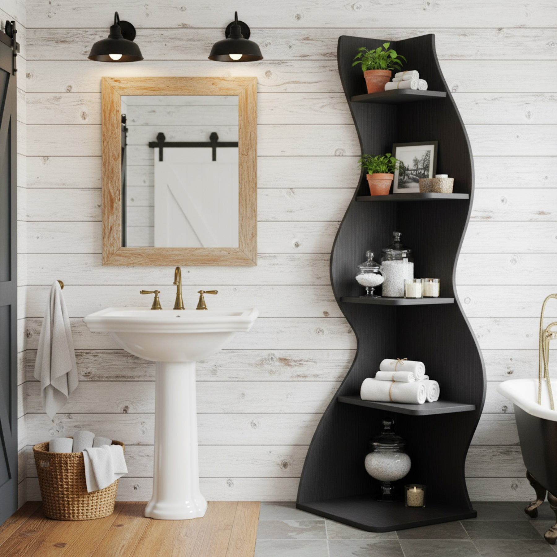 5-Tier Corner Bookcase, Rustic Freestanding Corner Shelf for Small Spaces