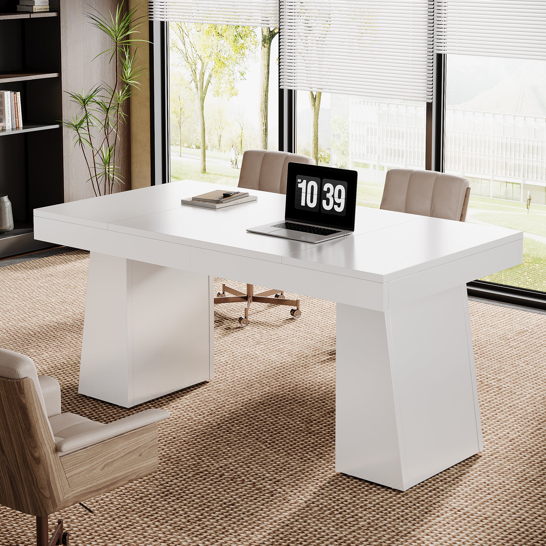 55" Executive Office Desk with Double Trapezoid Base, Modern Wooden Computer Desk for Home Office#Color_White