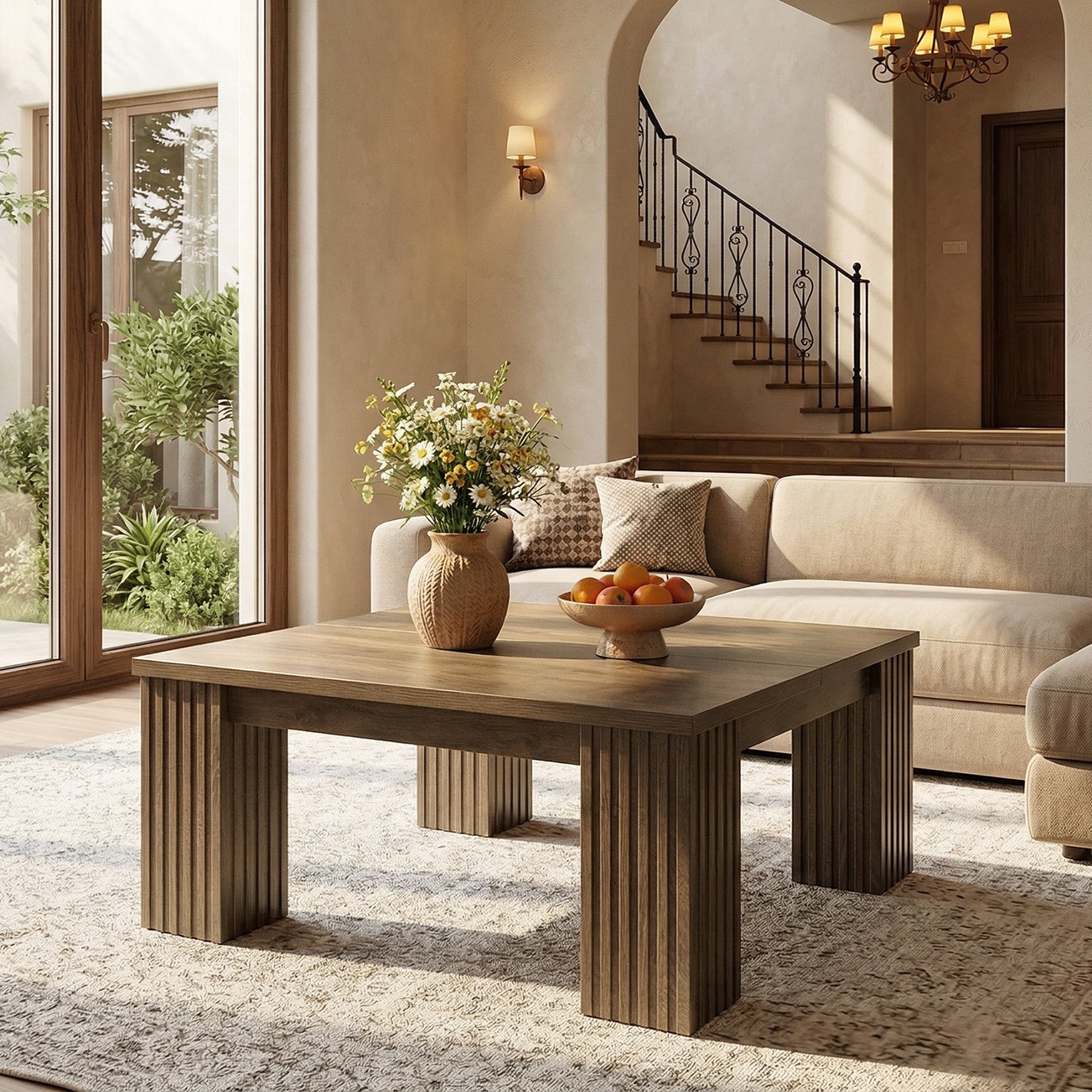 39" Square Coffee Table, Farmhouse Center Table with Fluted Legs