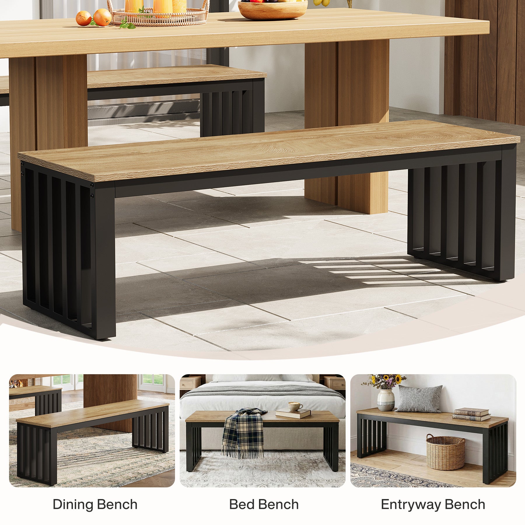 47" Kitchen Bench, Industrial Dining Room Bench with Metal Frame