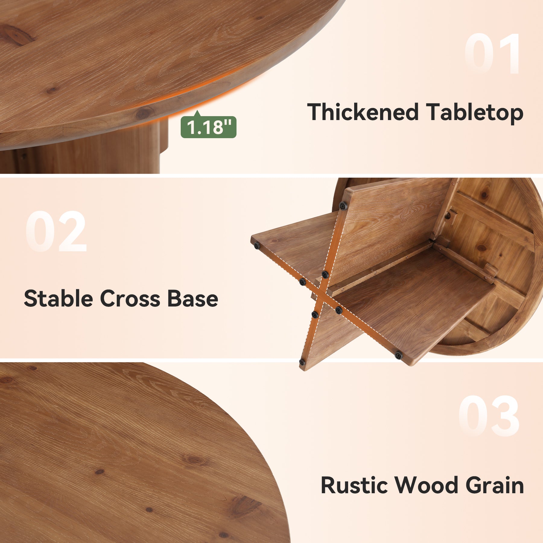 47.2" Round Dining Table, Solid Wood Kitchen Table with Cross Pedestal Base for 4-6