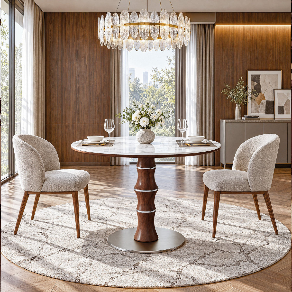 35" Round Sintered Stone Dining Table for 2-4, Rubberwood Pedestal & Stainless Steel Base