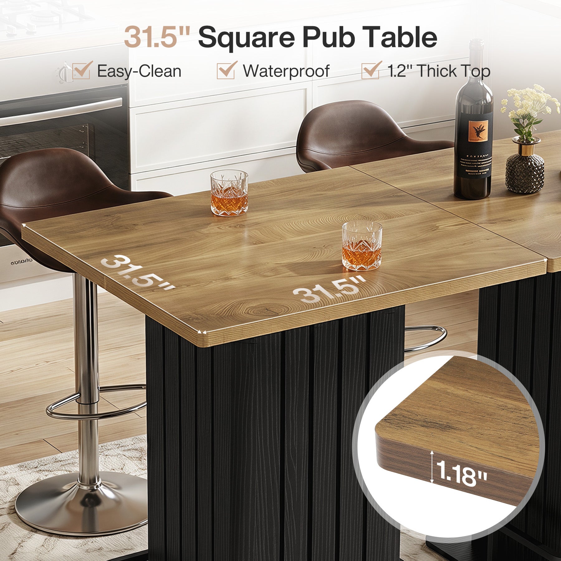 Square Bar Table for Home Kitchen, 37.8" H Counter-Height Dining Table Seats 2